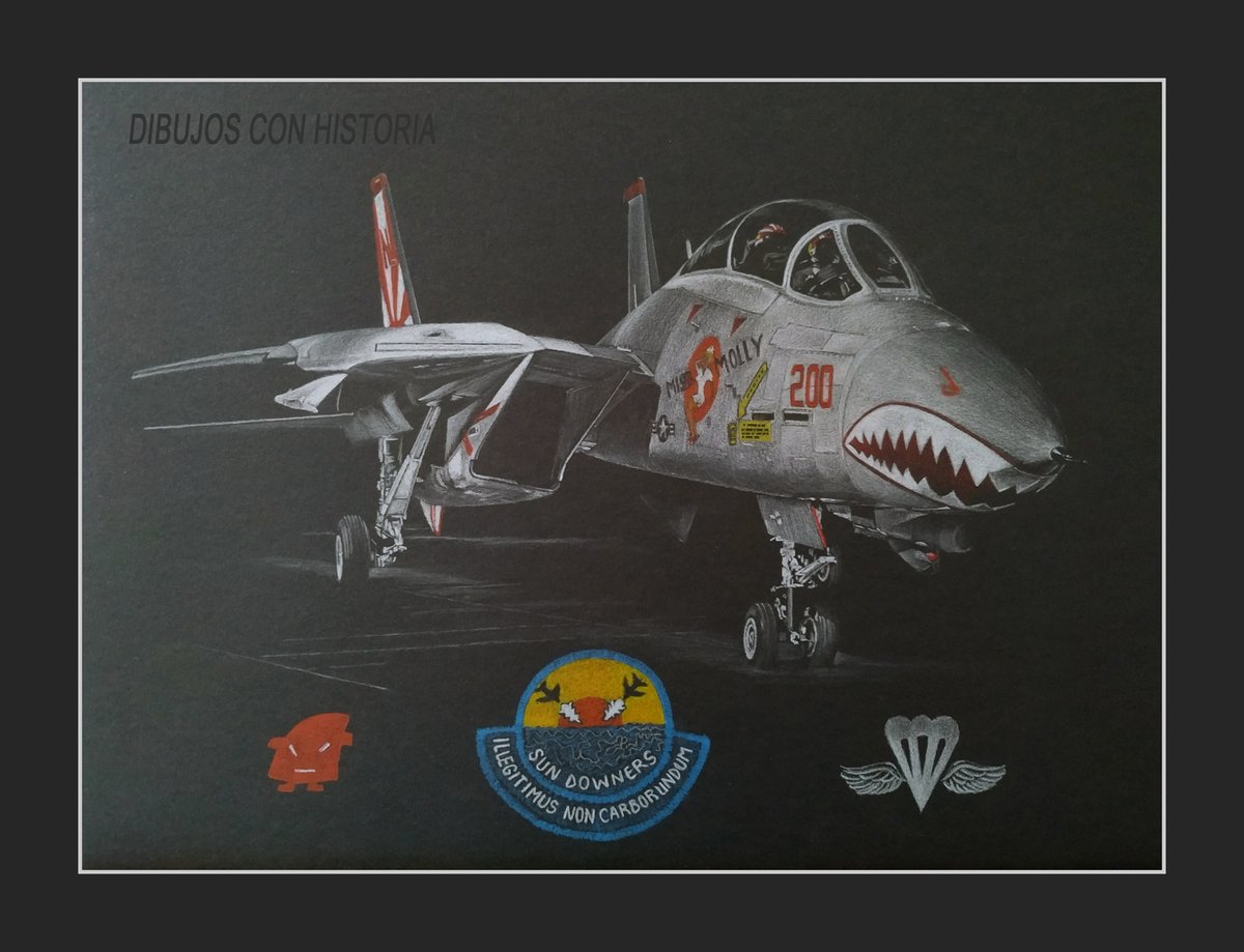 ReinaldoDMM's tweet photo. El dibujo de hoy, recién sacado del “horno”.

1. Este pequeño dibujo (42x29cm) representa a un Grumman F-14 Tomcat, apodado "Miss Molly" y que perteneció al Fighter Squadron 111 ”Sundowners”. Está realizado con lápices de colores sobre cartulina negra.

Hilo👇 https://t.co/W3CoJpzJyf