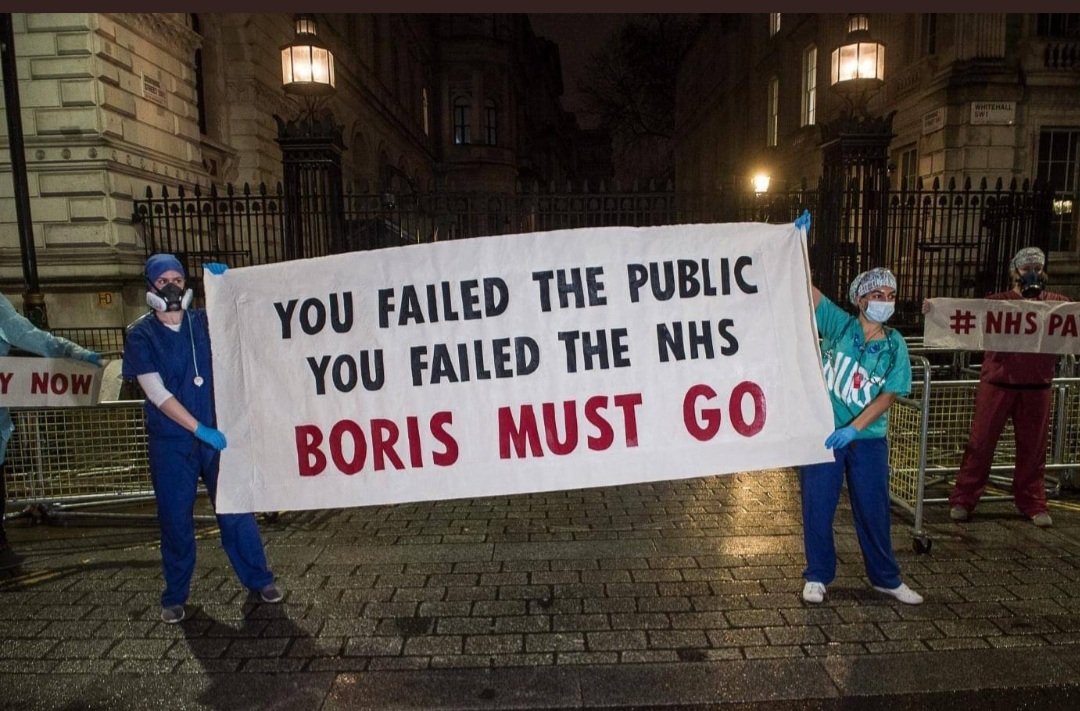 Iamlistening666's tweet photo. @BorisJohnson Three Word Slogans. We've moved on from 'get brexit done', 'oven ready deal' and 'hands, face, space' to 'starve the kids' 'contracts for mates' and 'worst death toll'...'progress' comes in many forms. 
Next time you get a vote in the UK don't vote Tory. It's bad for our health.. https://t.co/mKr1t7OONL