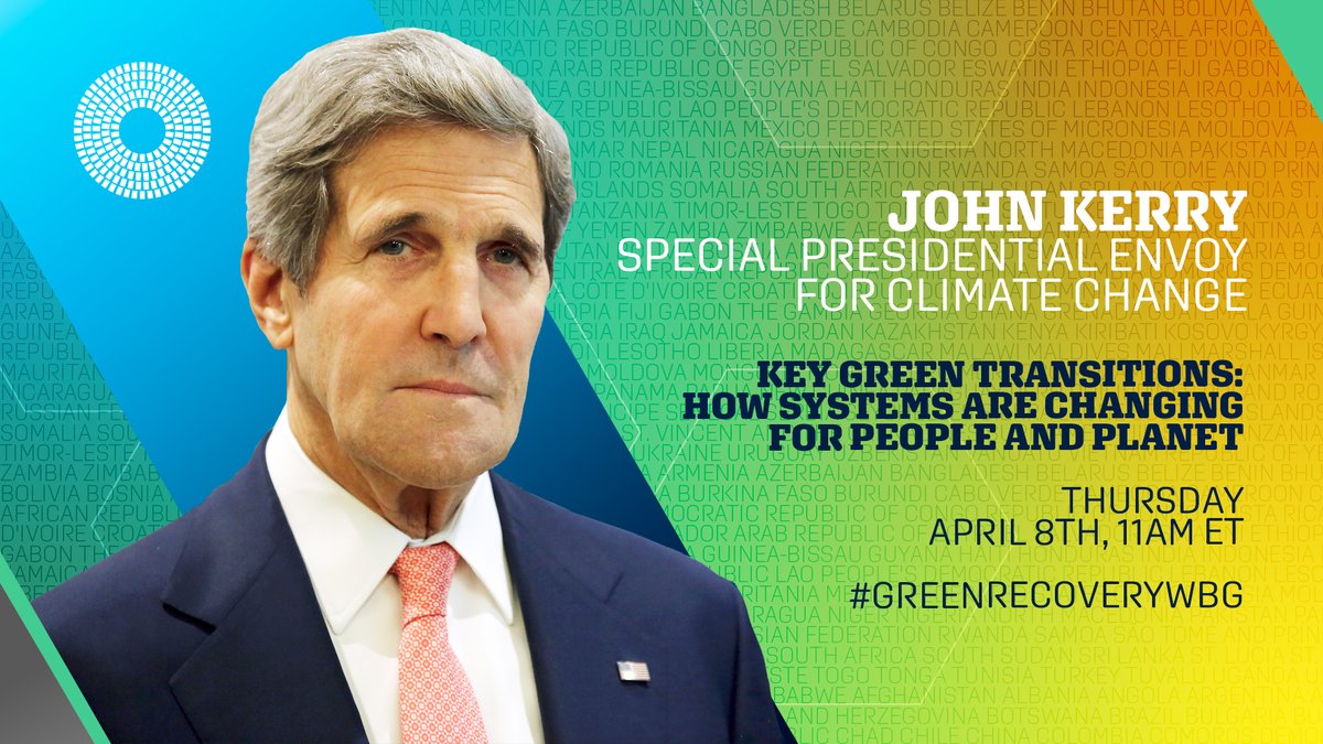 WBG_ClimateEnv's tweet photo. Join our Spring Meetings to discuss what is needed to build a green, inclusive &amp; #ResilientRecovery from the pandemic 🌏. Hear from @JohnKerry, US Special Presidential Envoy for Climate + other special guests. https://t.co/3zvJetXy0O #GreenRecoveryWBG https://t.co/vHCXaOINGX