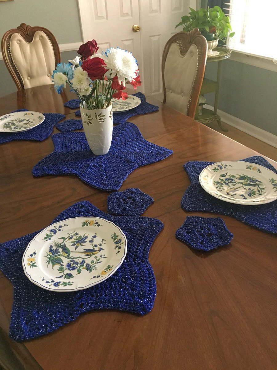 chestnutcrochet's tweet photo. https://t.co/naYmtgt4oZ
Excited to share this from my #etsy shop: Star Shaped Nine Piece Crocheted Placemat Set, Sparkly Blue Crochet Placemat Set, Housewarming Gift, Hostess Gift https://t.co/SMANiQNWrH #blue #silver #holidaylinens #placematcoasterset https://t.co/oV8QQdGCG6