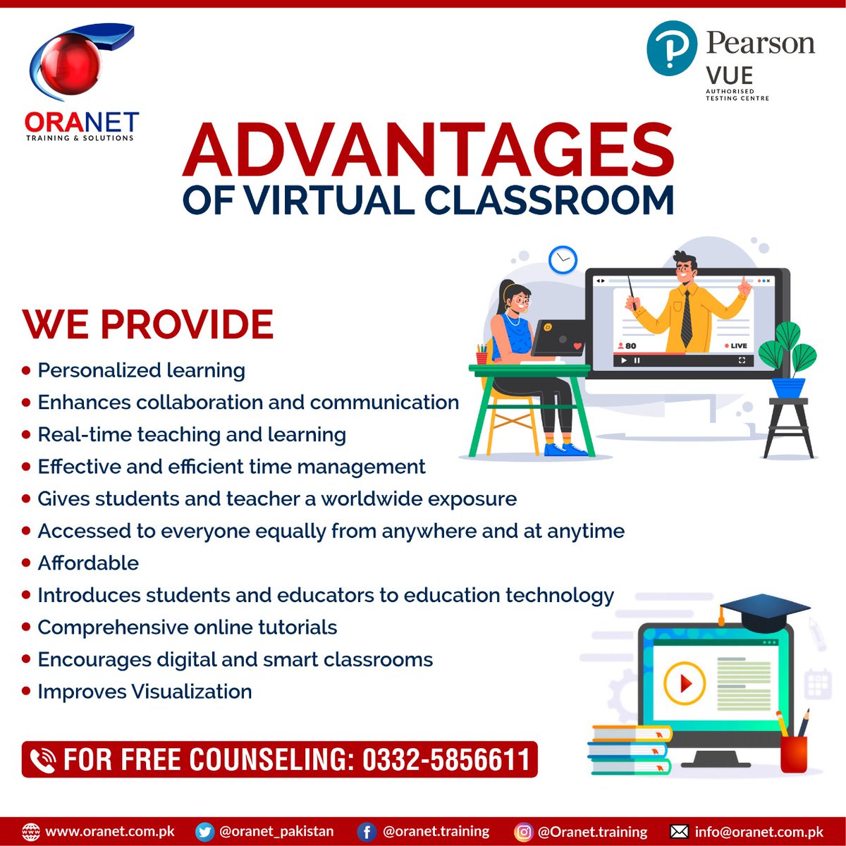 oranet_pakistan's tweet image. Virtual Learning is a combination of computer software and the Internet to deliver instructions/lectures to students.

For Free Counselling 0332-5856611

#livevirtualclasses #benefits