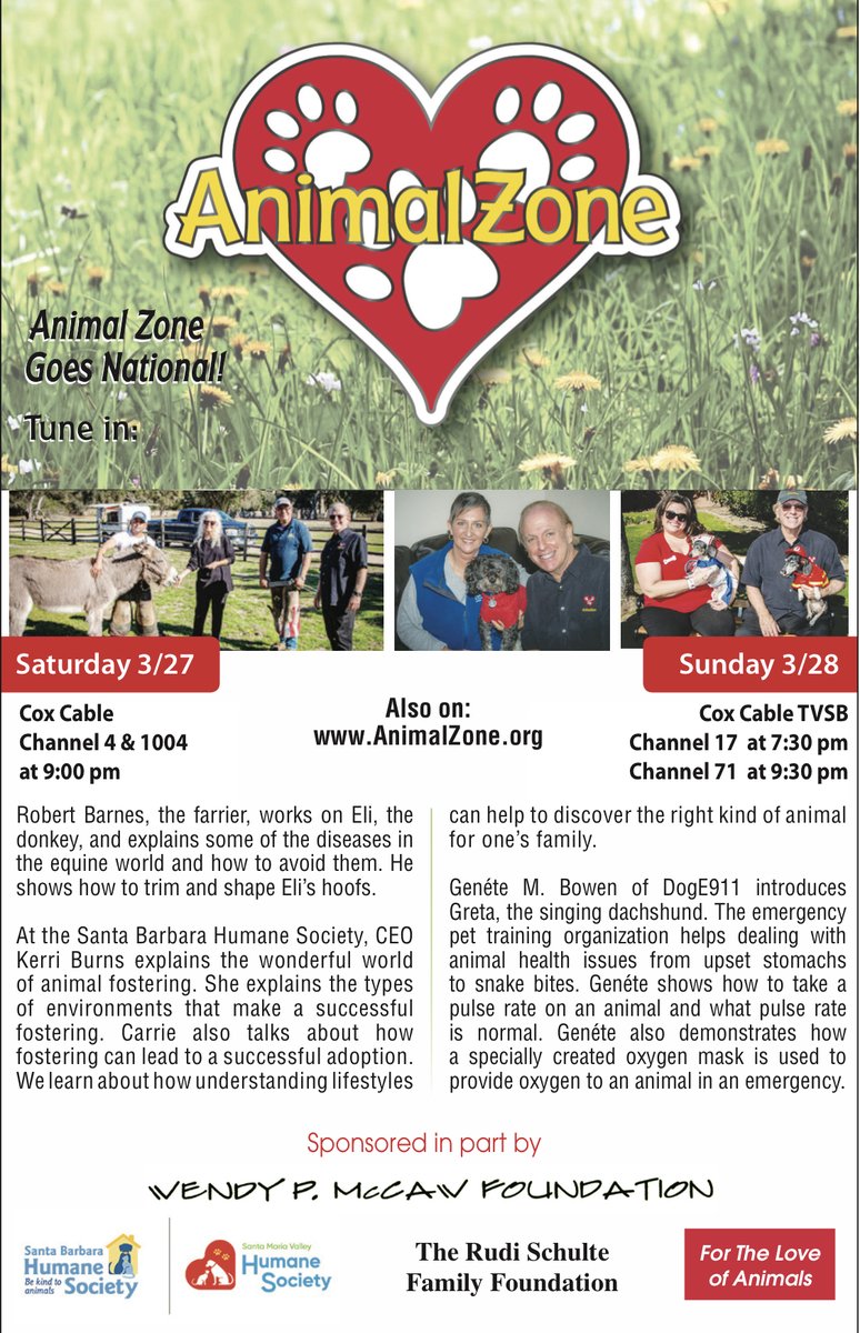 Nipperino's tweet photo. This evening March 27th, on the AnimalZone, explore the wonderful world of animals with us on Cox Cable at 9 p.m.
#animalzone #animalcare #equinecare #animalfostering #petcare #donkey #santabarbarahumanesociety #arthurvonwiesenberger #petemergencytraining #DogE911 https://t.co/QDz7ryuWg3
