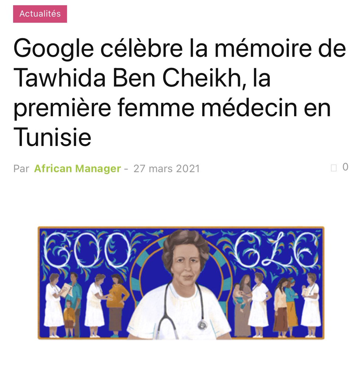tunpost's tweet photo. Tawhida Ben Cheikh: 1ère femme médecin en Tunisie 
L’année dernière, à la même date le gouvernement tunisien a émis un nouveau billet de 10 dinars à son effigie, le premier billet de banque au monde à représenter une femme médecin.
Aujourd’hui c’est Google qui lui rend hommage. https://t.co/fVTwvuXyYU