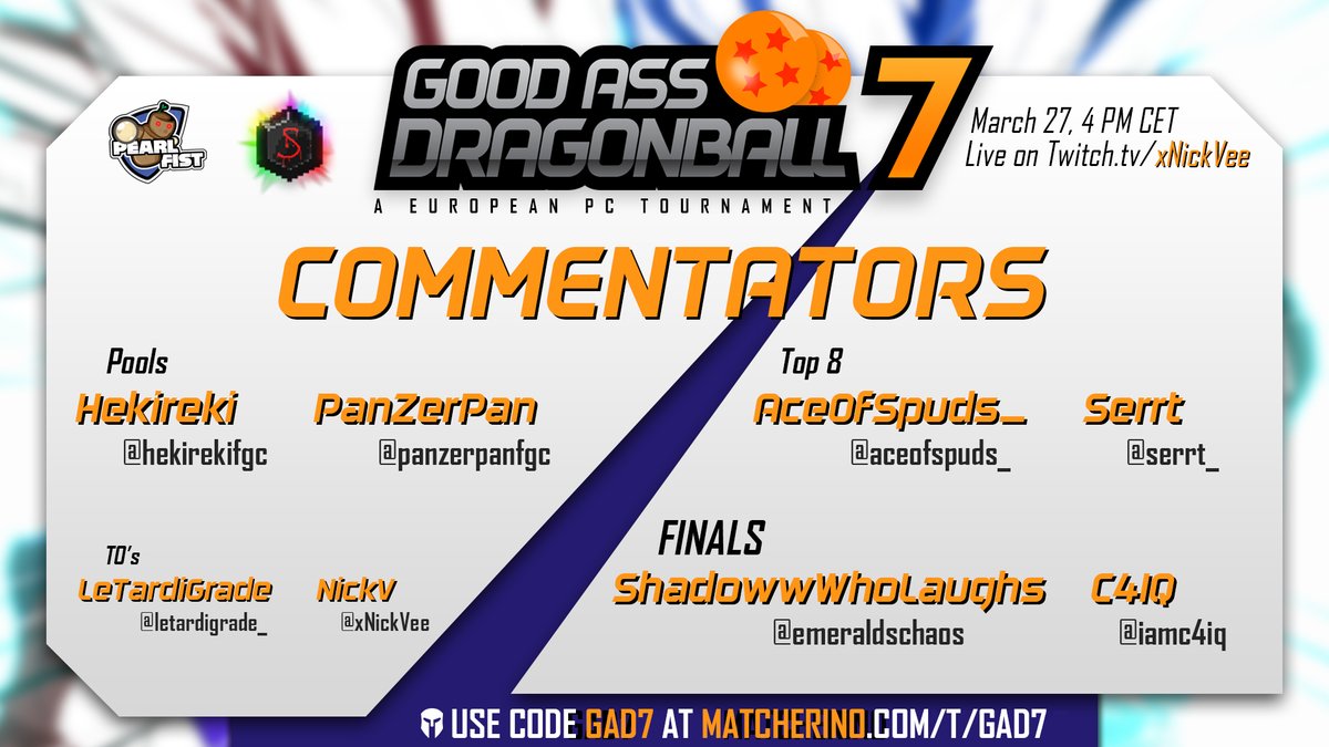 Your commentators for today will be <a href="/HekirekiFGC/">Dave</a> <a href="/PanZerPanFGC/">PanZerPan</a> <a href="/AceOfSpuds_/">AceOfSpuds</a> <a href="/Serrt_/">Serrt 🏳️‍⚧️</a> @EmeraldsChaos and <a href="/IamC4IQ/">The Yappentator</a> ! Follow them!!

My co-TO will be the stream monster and ever helpful <a href="/LeTardigrade_/">LeTardigrade</a> 

You can still join the tournament! challonge.com/gad7

Starts in 2 hours!!!!