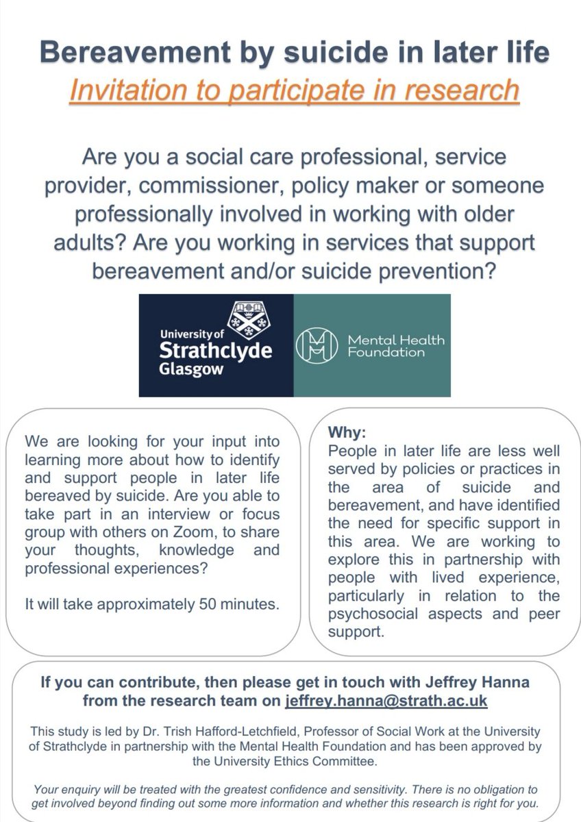 🌟Can you help us by taking part in our study: #bereavement by #suicide in later life 🌟
@LeedsBForum @adeleandmaddie @ArchwayDiva @AfterSuicideUK @StrathAgeing @merrick_pope @CruseCare @SJMcDonn @Sudden_Charity @BereavementNBA @suicideresearch @GriefChatUK @SOBScharity