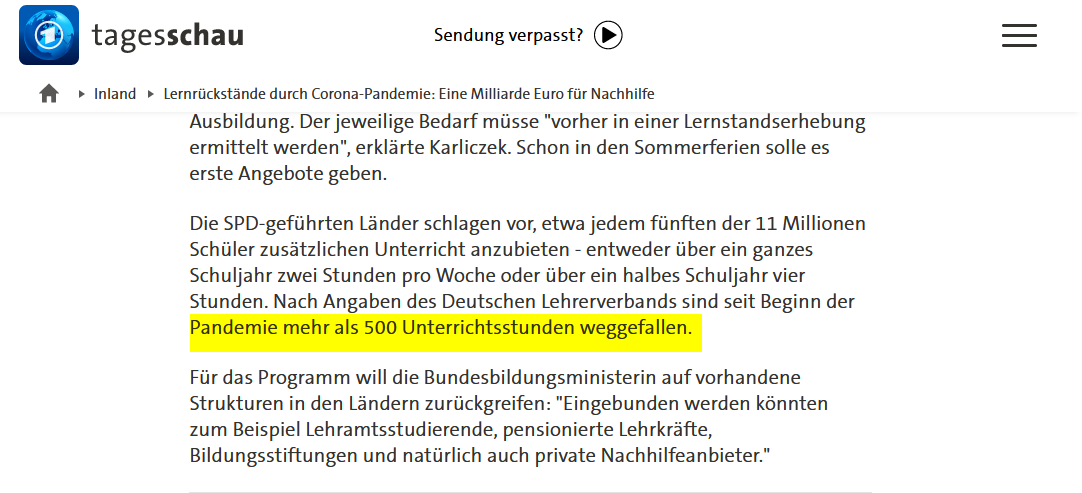 WatchTagesschau's tweet photo. https://t.co/zKWmeHZeVb 
Wow. 500 Unterrichtsstunden sind entfallen? Das wären bei 50.000 Schulen nur an jeder 100. Schule eine Stunde. Ohne die Quelle zu kennen, behaupte ich, dass diese Zahl so nicht stimmen kann @Tagesschau. @lehrerverband #Corona #COVID19 https://t.co/7wvTYBq7m6