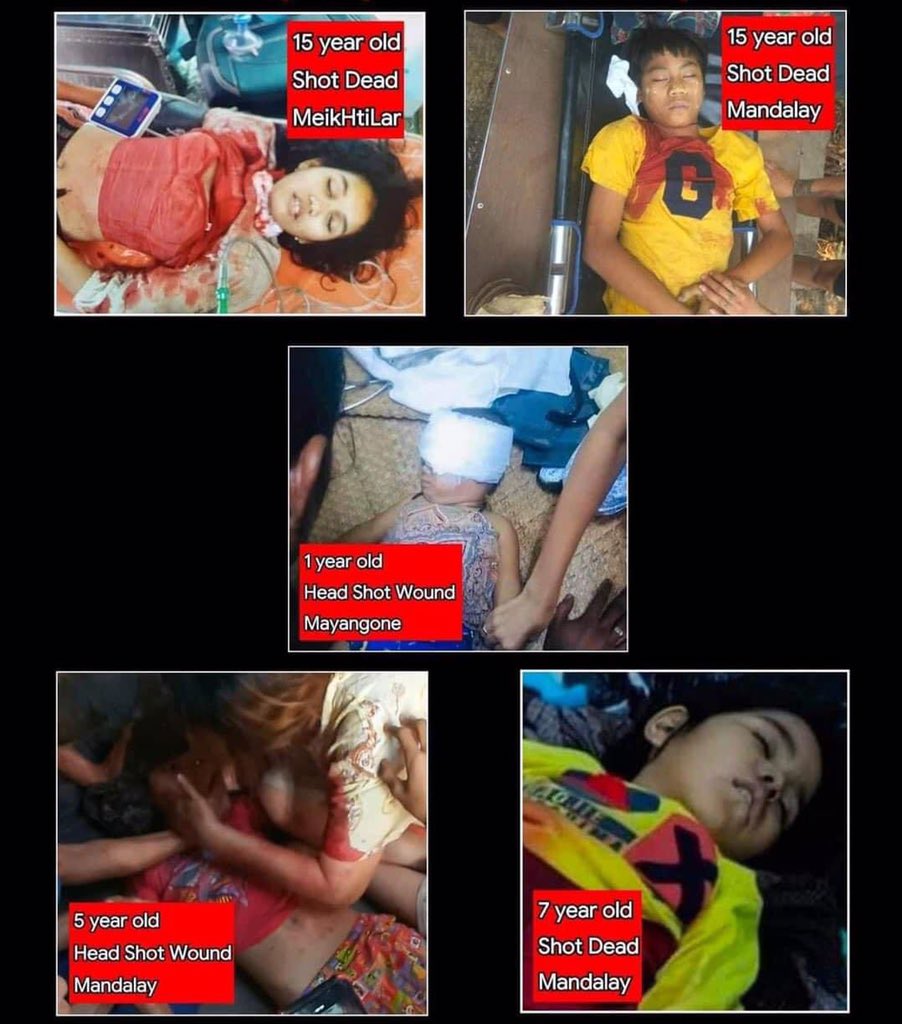 htun_sint's tweet photo. This is the casualties of children only in today due to violent opening gunfire of brutal Myanmar terrorists JUNTA. @UNICEF @save_children 

#WhatsHappeningInMyanmar  
#AntiFascistRevolution2021 #Mar27Coup 
#CrimesAgainstChildren https://t.co/kLmzKy4evm