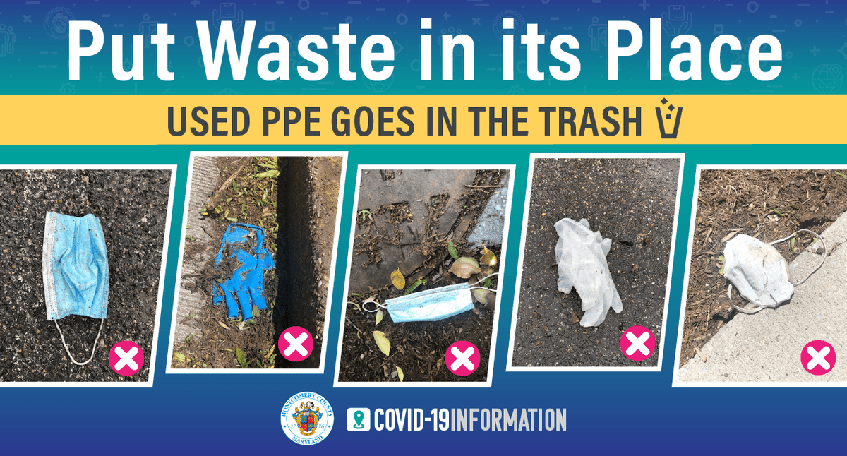 MontgomeryCoMD's tweet photo. Please put used personal protective equipment in the trash. https://t.co/OhgMv8znen