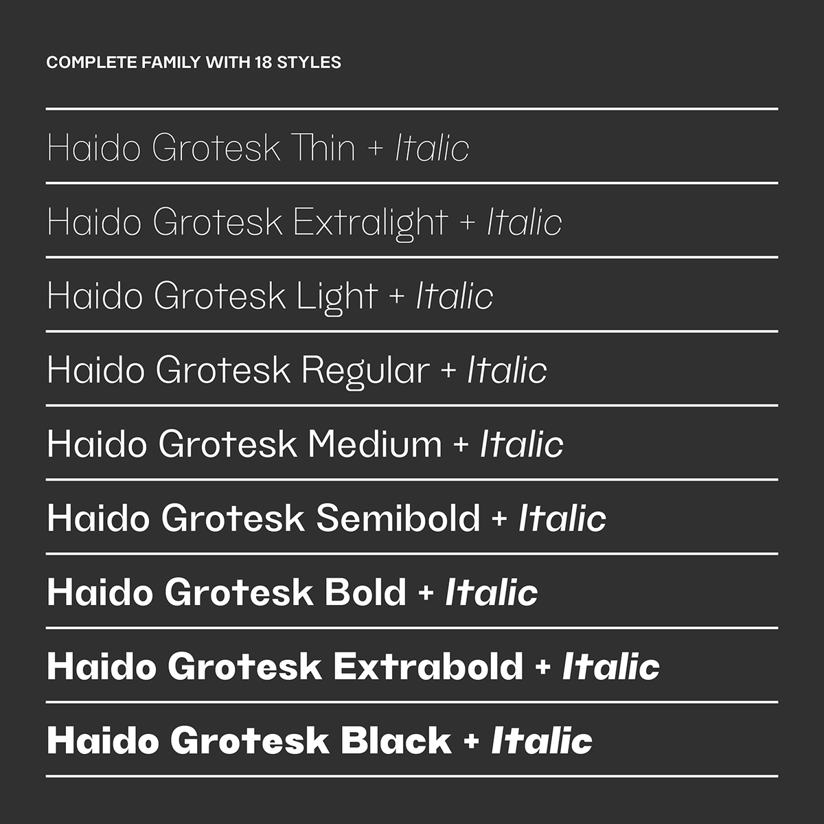 typedept_store's tweet photo. Haido is a contemporary Grotesk typeface influenced by the aesthetics of post-modernism. This typeface has a very neutral look, resulting in a versatility which lends well to all kinds of modern design.

Test + buy 👏 https://t.co/OPyjNt5UmW

#typeface #typefacedesign  #font https://t.co/dLY5J72tjV