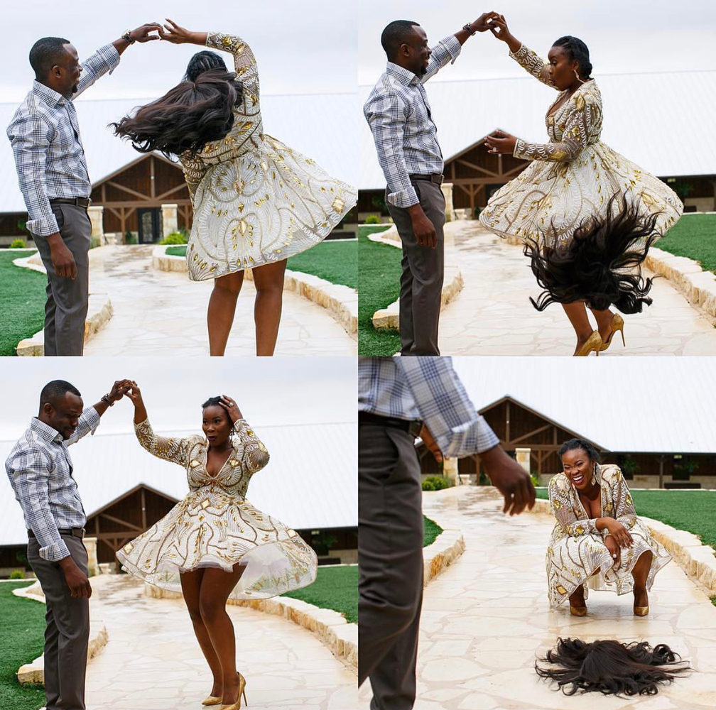 SheaMoisture's tweet photo. "Remember when my wig fell off when I took my engagement photos back in 2016? 👀 #SheaMoisturePartner
#WhosThatGirl in the first image? That’s Nelo and she’s more secure. She's being held down with @sheamoisture's bonding glue from their Wig & Weave Collection." @JessicaChinyelu https://t.co/v8ZxID1l8C
