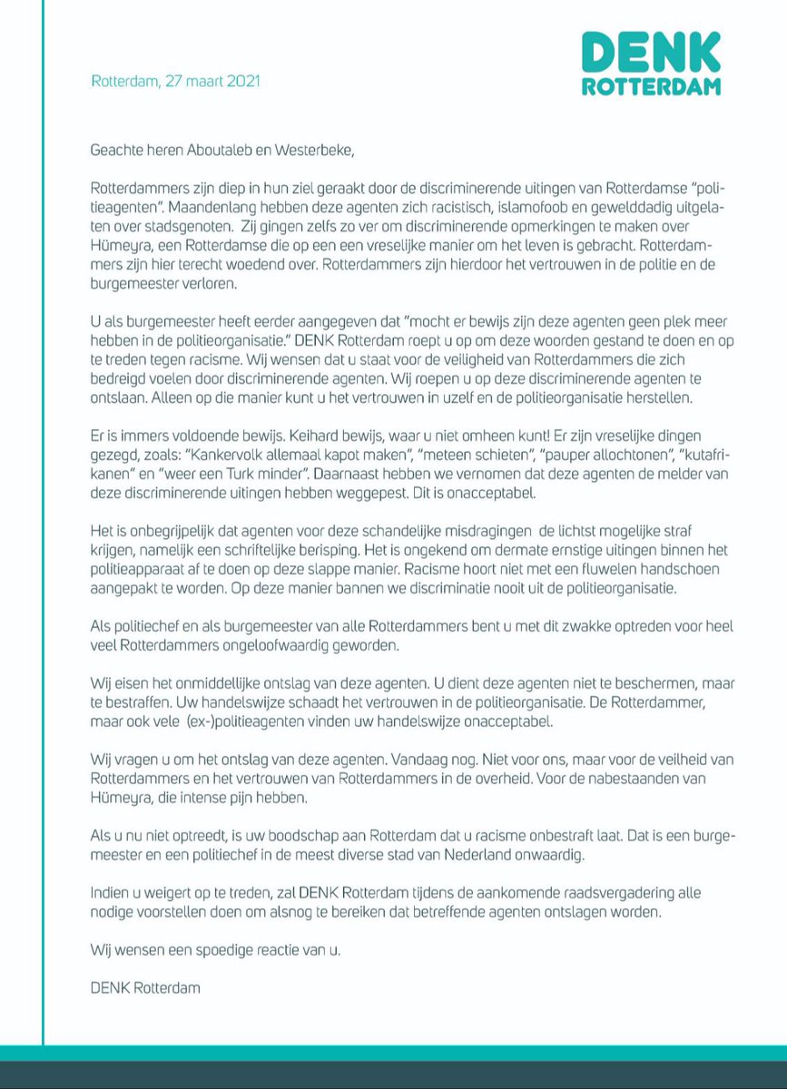 StephanvBaarle's tweet photo. Oproep van DENK Rotterdam aan Aboutaleb en politiechef @POL_Westerbeke: ontsla de discriminerende agenten! https://t.co/7ak6xqVuVf