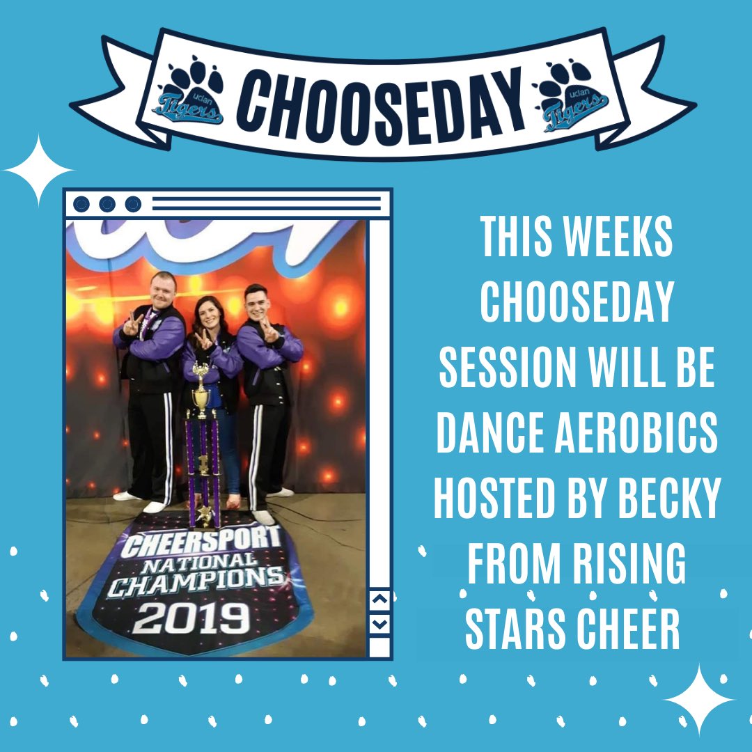 This weeks CHOOSEDAY session will be led by guest coach Becky from Rising Stars Cheer. She will be teaching and delivering a Cheer related end dance aerobics class! 

Head to the post in the members page for more info🐯💙