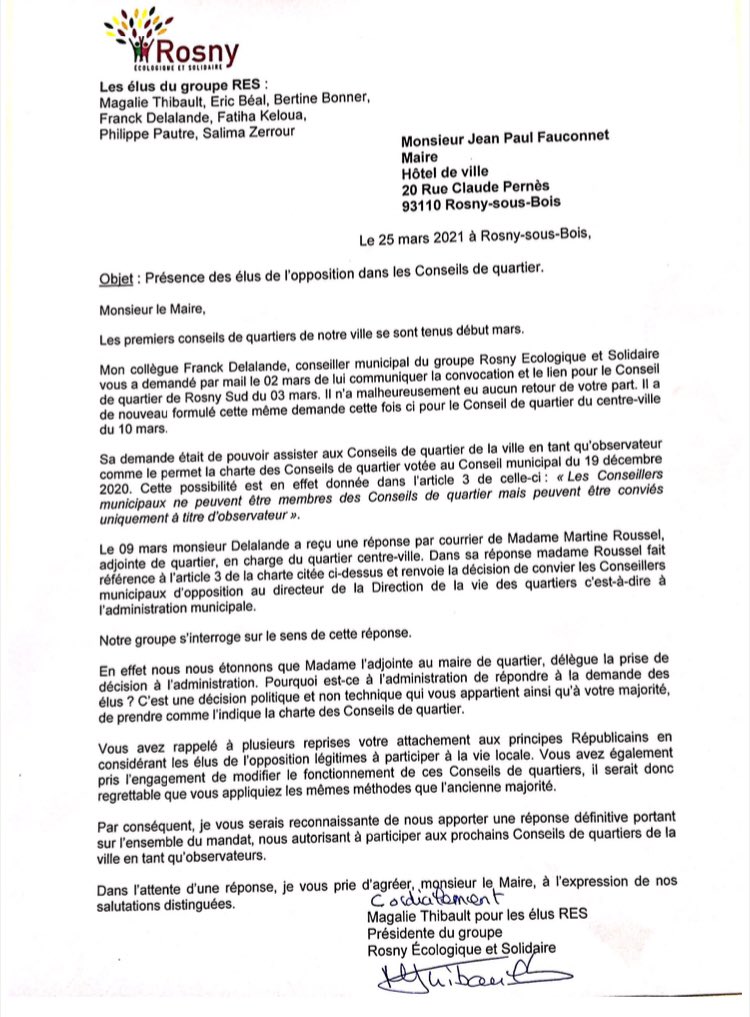 RES_2020's tweet photo. Pour une réelle démocratie participative à Rosny-sous-Bois. 
Les élus du groupe Rosny Ecologique Solidaire interpellent le Maire de la ville sur leur présence dans les conseils de quartiers de la ville. #conseildequartier https://t.co/yfV8gkmNOk