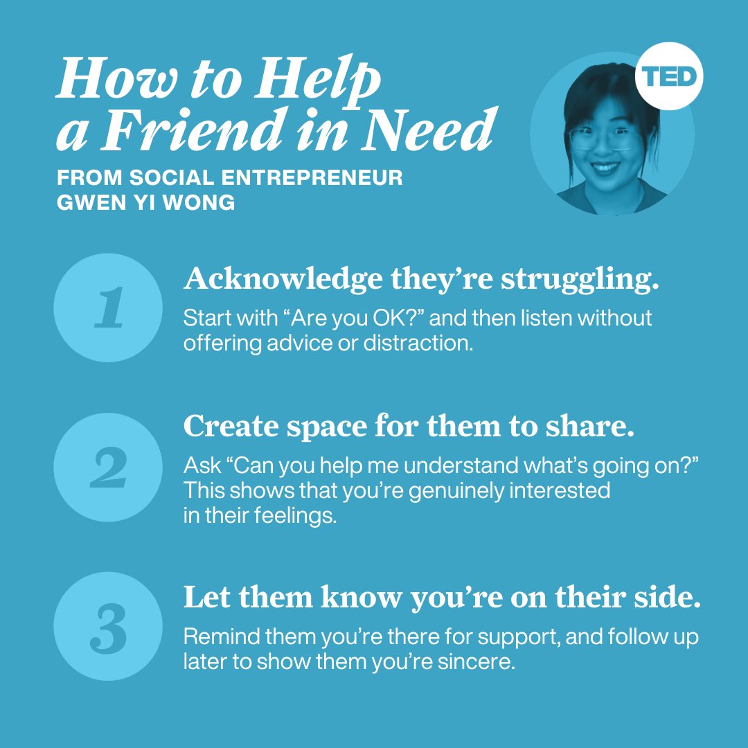 TEDTalks's tweet photo. When you see a friend, family member or colleague struggling, you may want to swoop in and solve the problem. Here's what you should do instead.

Check out more tips on empathy here: https://t.co/RZ0JSAm4yD https://t.co/tXkDGutmyQ