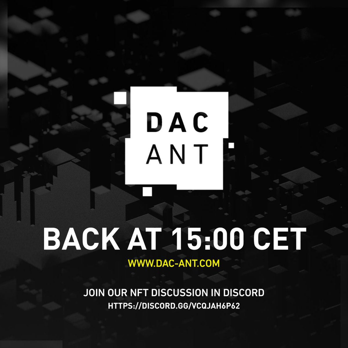 We'll be back with 3 more speakers at 15:00 CET! We have a spontaneous hot topic debate of NFT's going on in our discord group. Join us!

dac-ant.com
discord.gg/VCQjAH6P62​

#nft #nftartist #crypto #dacant #digitalart #art #instart #digital
