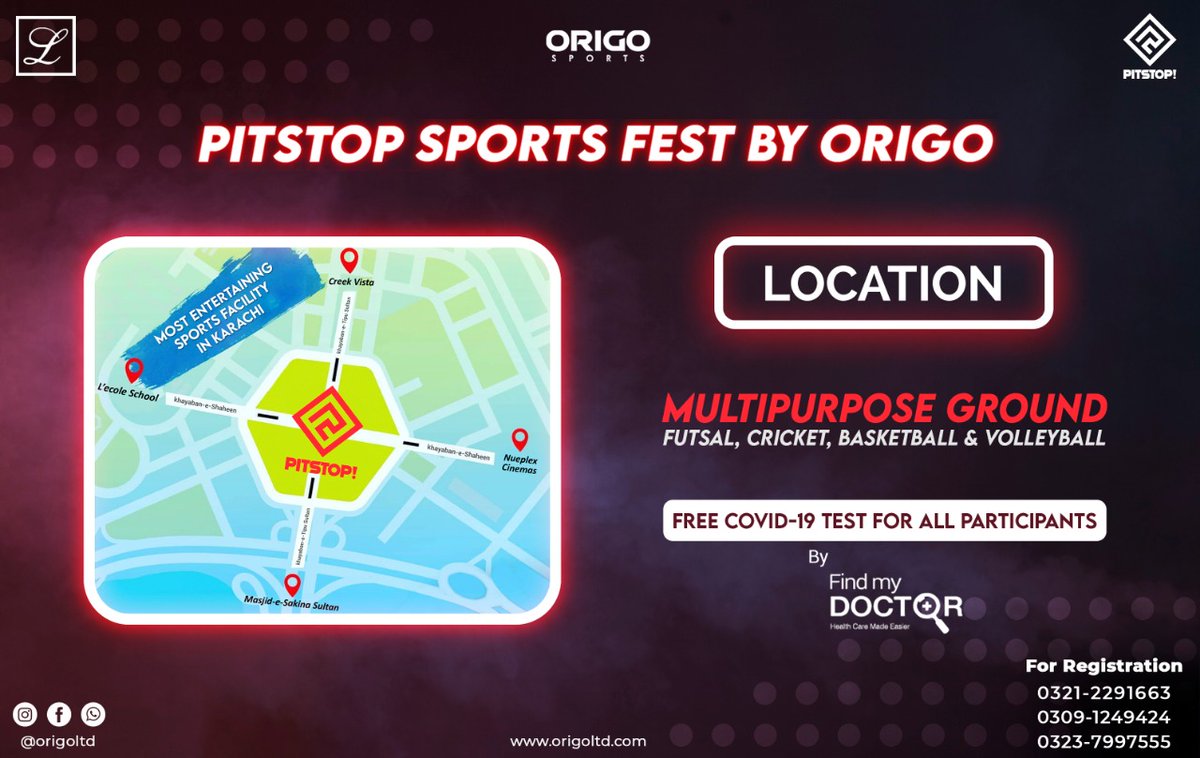 OrigoLtd's tweet photo. Origo is coming up with the most epic #sports #fastival on 2nd, 3rd &amp; 4th April 2021 at @pitstop

Don't worry about COVID in this event as @FindMyDoctorPAK is our official healthcare partner who will test every player in the sports fest FOR FREE. https://t.co/IlKzNzs8HW