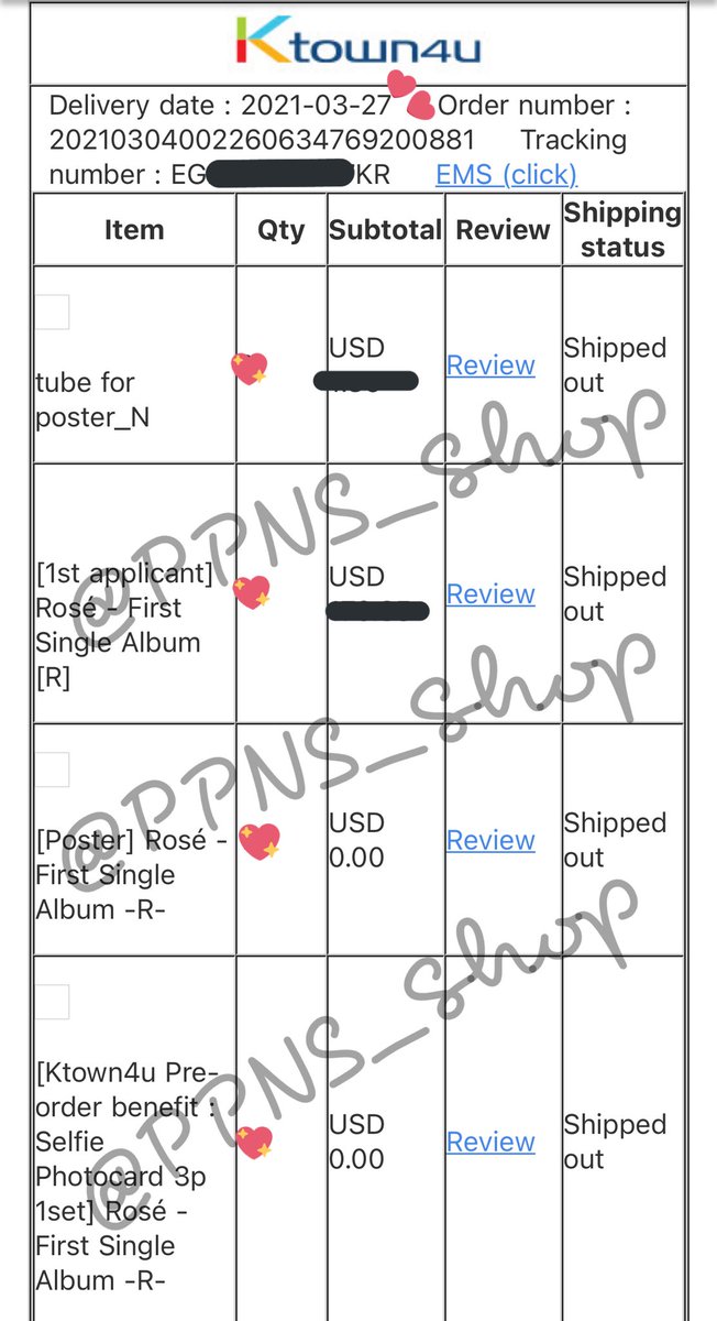 PPNS_Shop's tweet photo. 📢แจ้งอัพเดต 27/03/2021
-Rosé first album ได้เลขแทรคแล้วน้า😭 ถ้าถึงไทยแล้วจะมาอัพเดตให้อีกทีนะคะ💗🙇🏻♀️
#PPNS_ShopUpdate https://t.co/gRsq8IvCor