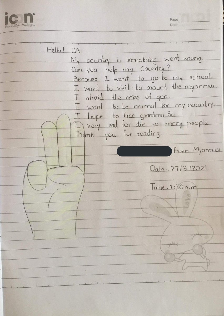 At least 3 children were shot of #Myanmar #military security forces in a single day of Mar 27. More than 10 children below 18 have been killed since Feb 1 #militarycoup. A 9-year-old girl wrote <a href="/UN/">United Nations</a> a letter hoping institution can help, which she sent me #WhatsHappeningInMyanmar