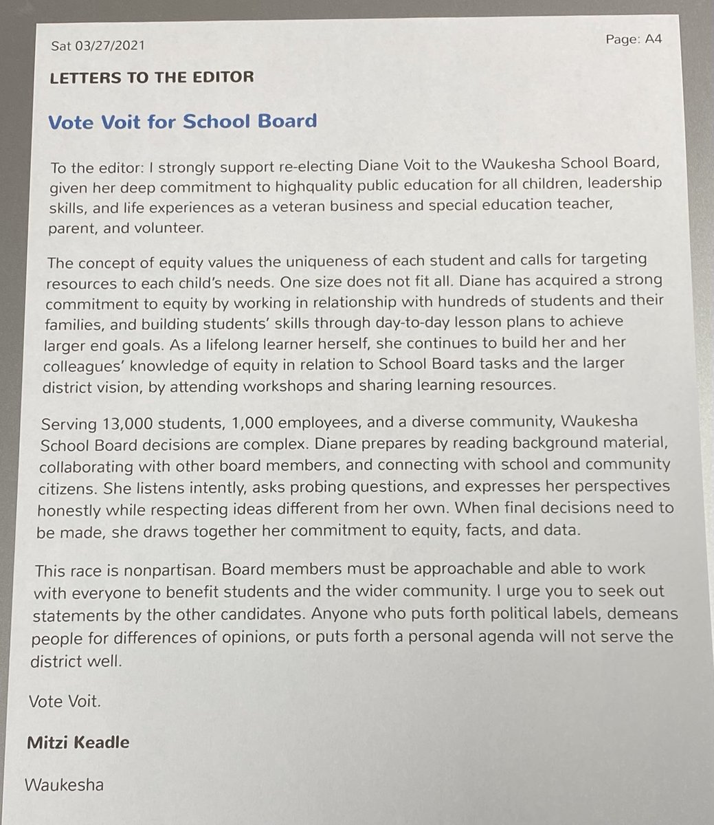 deevoit's tweet photo. Thank you to Mitzi Keadle for writing this Letter to the Editor that appeared in today’s @WaukeshaFreeman #voteApril6 #voteVoit https://t.co/rL5ejRaGLs
