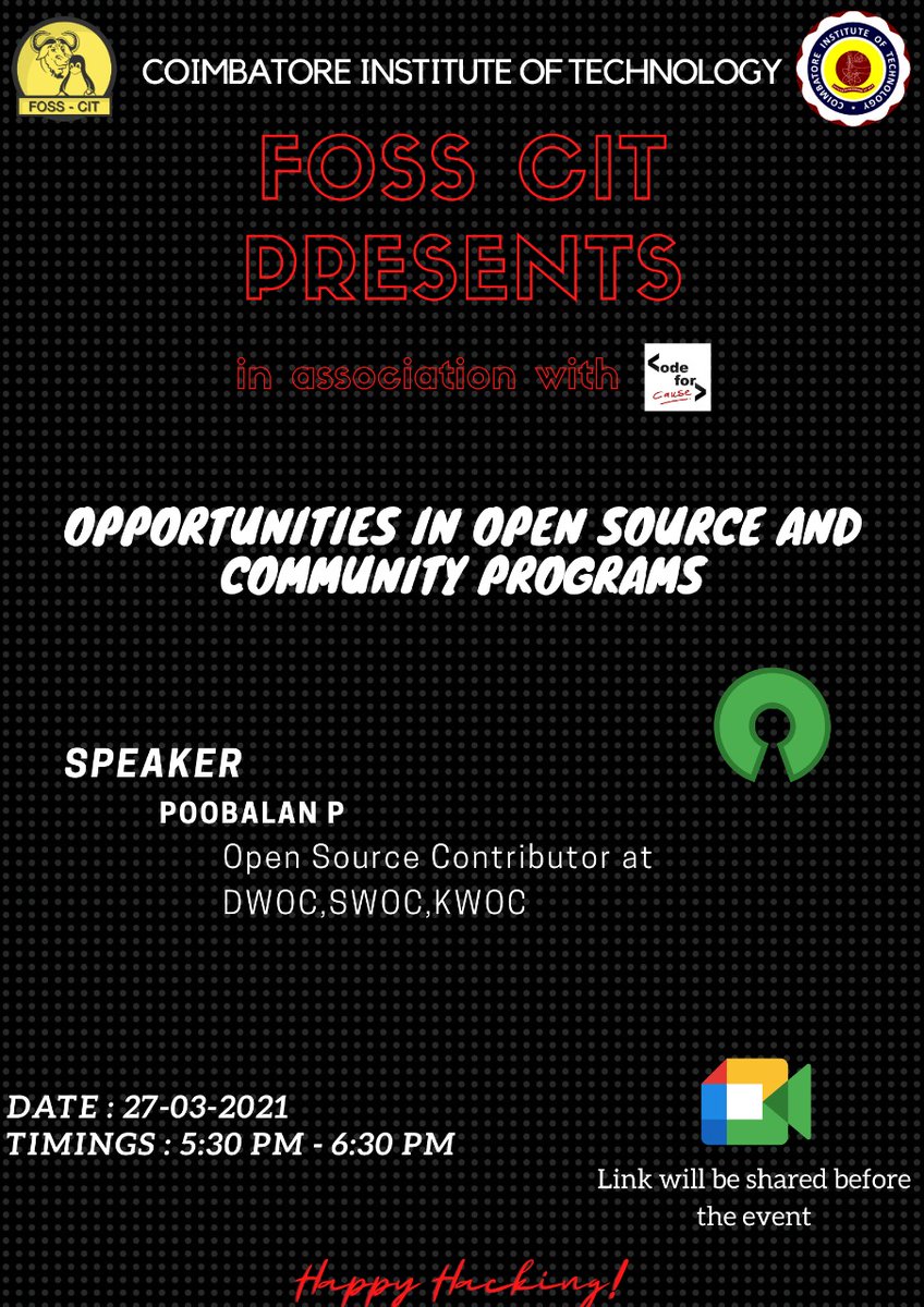Poobalan12100's tweet photo. I have conducted a webinar on opportunities in open source and community programs as a part of #FOSSCIT and @codeforcauseIn. It is my first webinar and it was a good experience. And special thanks to @kunalstwt.
Keep doing the great work!!! https://t.co/loxhkOvfd2