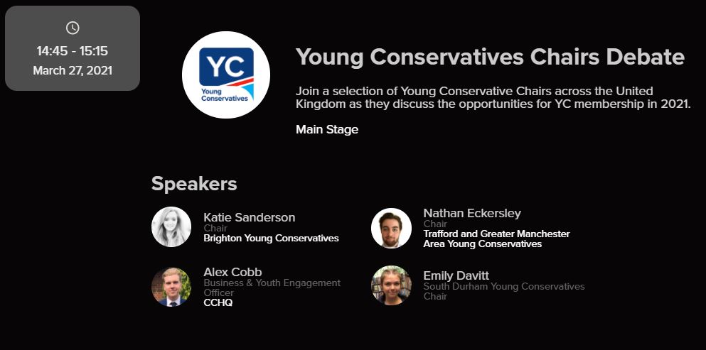 Young_Tories's tweet photo. Up next at 14:45 is our YC Chairs Debate. Tune in to join the Conversation. We are joined by YC Chairs:
@katie_sanderson
@nat_eck
@Emilymaydavitt
Come & ask them a question!
#GetInvolved #YC #YoungConservative #SpringForum2021 https://t.co/aqM0srdvyB