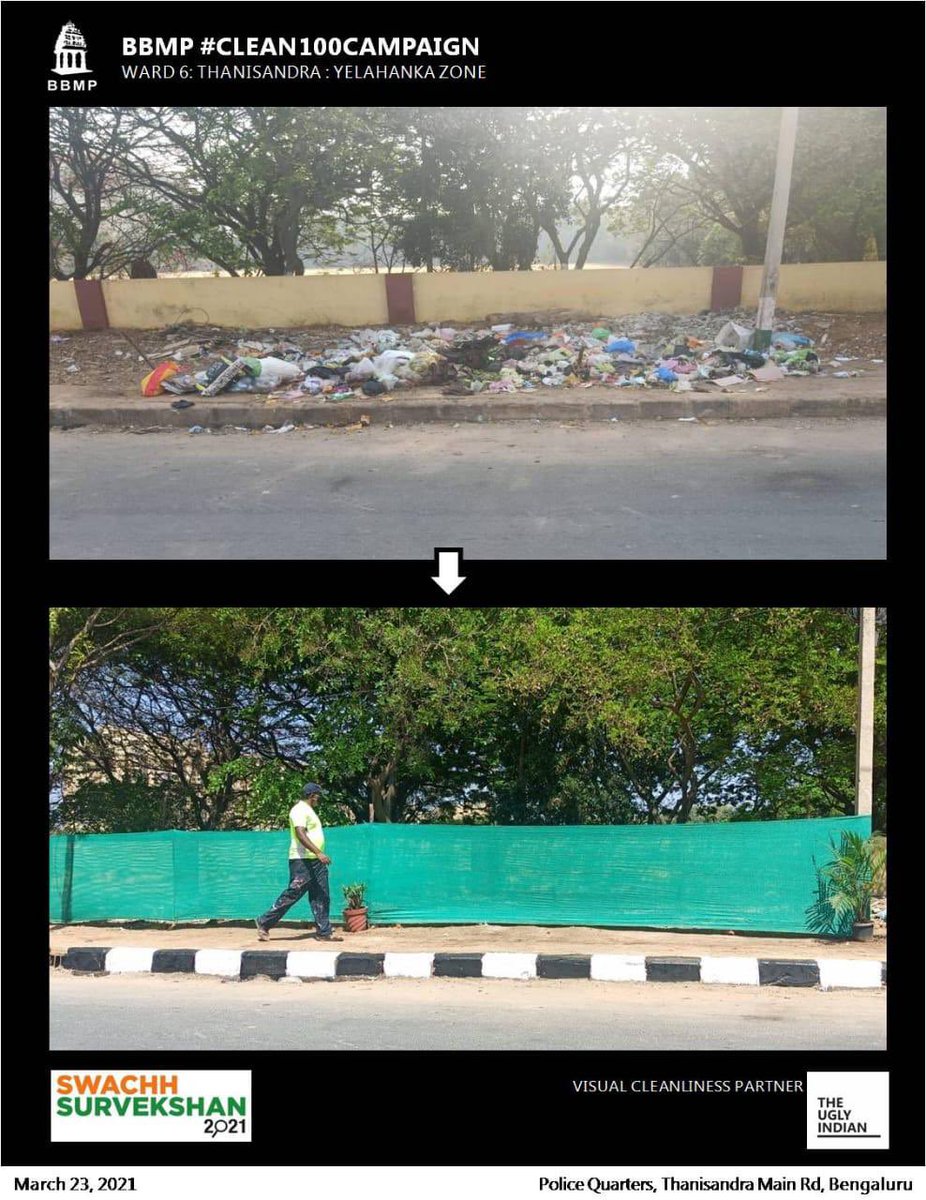 BBMPSWMSplComm's tweet photo. Several garbage spots eliminated across Yelahanka, Bommanahalli, West zones in past 2 days. Appreciate the Great effort by team - AEE ,Marshal Supervisor and their teams and pourakarmikas. #swachhsarvekshan2021 #NammaOoruSwachhaBengaluru @theuglyindian @Secretary_MoHUA #BBMP https://t.co/1R6hZkV0zd
