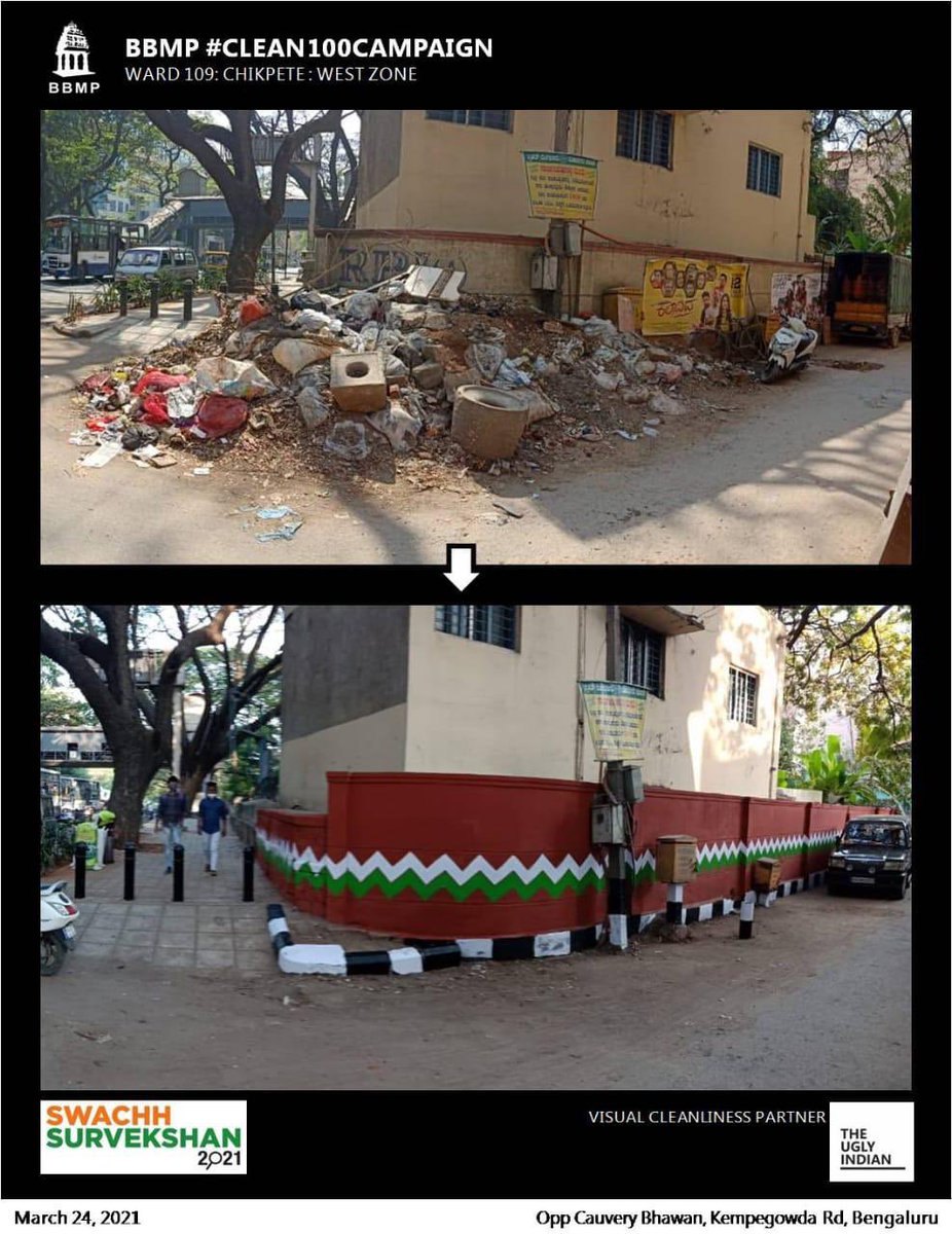 BBMPSWMSplComm's tweet photo. Several garbage spots eliminated across Yelahanka, Bommanahalli, West zones in past 2 days. Appreciate the Great effort by team - AEE ,Marshal Supervisor and their teams and pourakarmikas. #swachhsarvekshan2021 #NammaOoruSwachhaBengaluru @theuglyindian @Secretary_MoHUA #BBMP https://t.co/1R6hZkV0zd