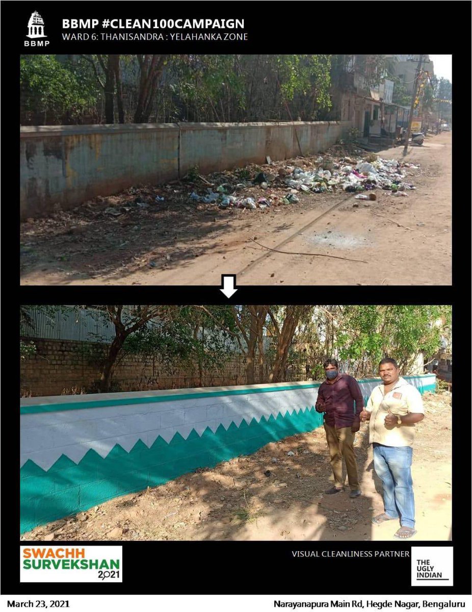 BBMPSWMSplComm's tweet photo. Several garbage spots eliminated across Yelahanka, Bommanahalli, West zones in past 2 days. Appreciate the Great effort by team - AEE ,Marshal Supervisor and their teams and pourakarmikas. #swachhsarvekshan2021 #NammaOoruSwachhaBengaluru @theuglyindian @Secretary_MoHUA #BBMP https://t.co/1R6hZkV0zd
