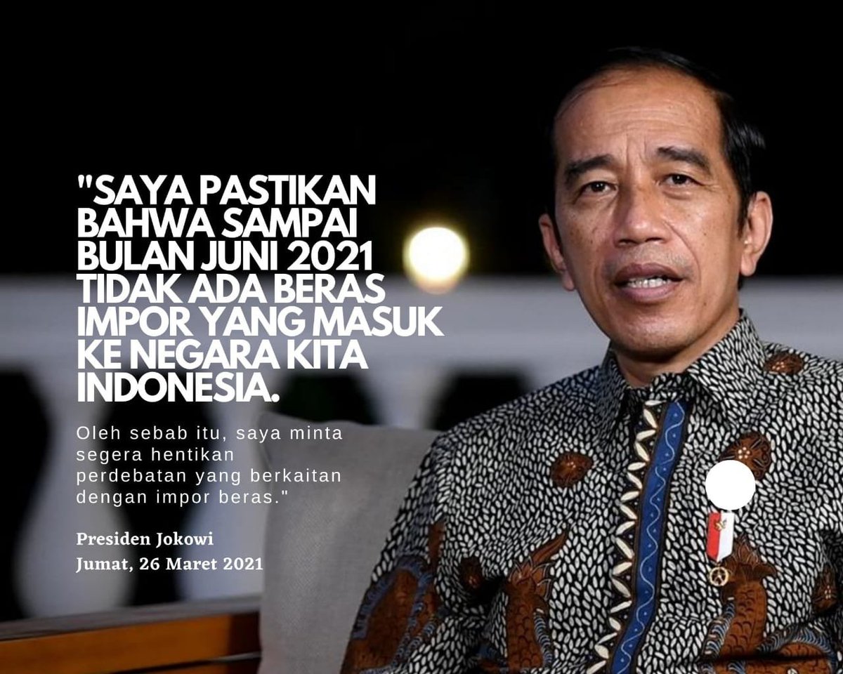 Pakde <a href="/jokowi/">Joko Widodo</a> memastikan bahwa sampai bulan Juni 2021 tidak akan ada beras impor yang masuk ke Nusantara.

<a href="/MynaEve/">Eve Myna</a> 
<a href="/Ikhaamina/">Ikha Amina</a> 
<a href="/cak_agoest/">agoes_toest 🇮🇩</a> 
<a href="/dalem_abdhi/">abdi dalem</a> 
<a href="/hestirahaayu16/">Hesti Rahayu</a> 
<a href="/pelajar_tawakal/">MAMET SAPUTRA</a> 
<a href="/The_Zhendi/">Ale Amet</a> 
<a href="/DwimondaA/">Dwimonda Adityadarma</a> 
<a href="/CalonMertuakoe/">CalonMertua</a> 
<a href="/AklimaIrsan/">Irsan Aklima</a> 
<a href="/AlaskaNadia/">Nadia Alaska</a> 
<a href="/NadaRianda/">Nada Rianda</a>