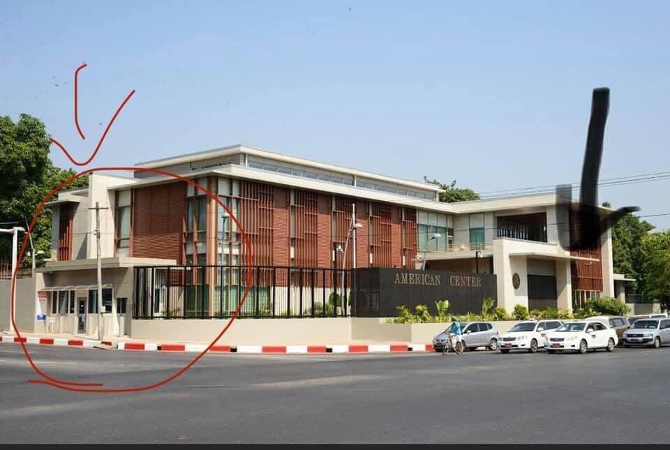 theunderdog68's tweet photo. American Center on University Avenue Road, Yangon was shot 4times at 2:26PM today. This is provocation on Americans by the military junta. 
@JoeBiden @CIJ_ICJ
#Mar27Coup
#WhatsHappeningInMyanmar https://t.co/PH2Wt2Lvvr