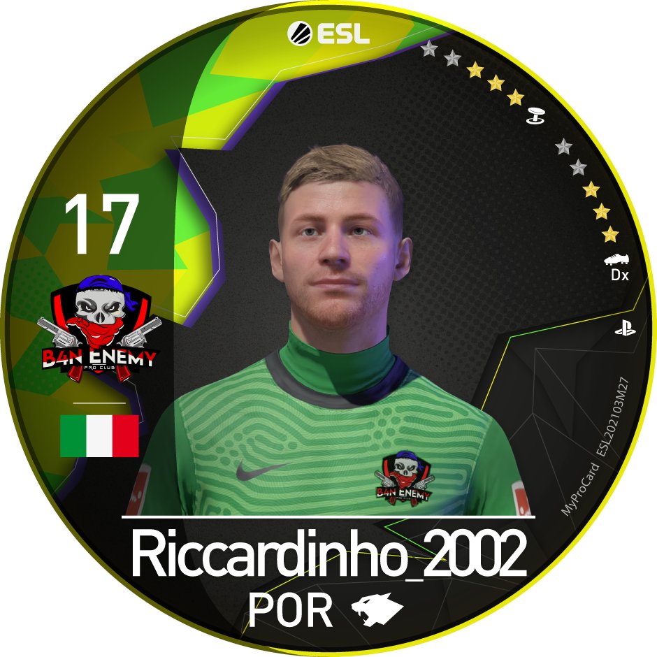 B4N_ENEMY's tweet photo. ๐๏ธ| PREMIAZIONI ESL
๐๏ธ| "Congratulazioni al nostro portiere #Riccardinho_2002 per essersi aggiudicato il premio (realizzato da @MyProCard ) come miglior player della ProClub Spring Season 2021 di @ESLItaly eSerie B."
#GoB4N๐ดโช๏ธ
@NewsProclub @OffSidePage_ @ILOVEPROCLUB1 https://t.co/7XEf9bgp2o