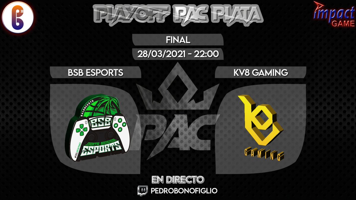 GRAN FINAL PAC PLATA!

<a href="/BSBeSports/">BSB eSports</a> 🆚 <a href="/KV8Gaming/">KV8Gaming</a> 

Duelo de gran nivel para finalizar la temporada!
Ademas sera casteada por el gran <a href="/pedrobonofiglio/">Pedro Bonofiglio</a> de <a href="/ImpactGame_es/">Impact Game</a> 

QUE NADIE SE LO PIERDA!

🏆 FINAL PLATA <a href="/proamcommunity/">ProAm Community</a> 
🗓️ 28/03
🕙 22:00 (Bo3)
📺🎙️ Twitch.tv/pedrobonofiglio