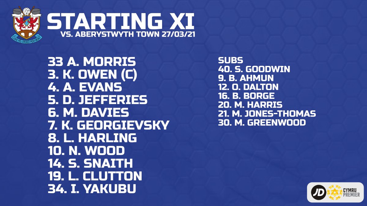 PenybontFC_'s tweet photo. 🔢 Here's your Penybont side for this afternoon 👇
#ABEPEN | #BONT🟦 https://t.co/3f5Dp9a4gC