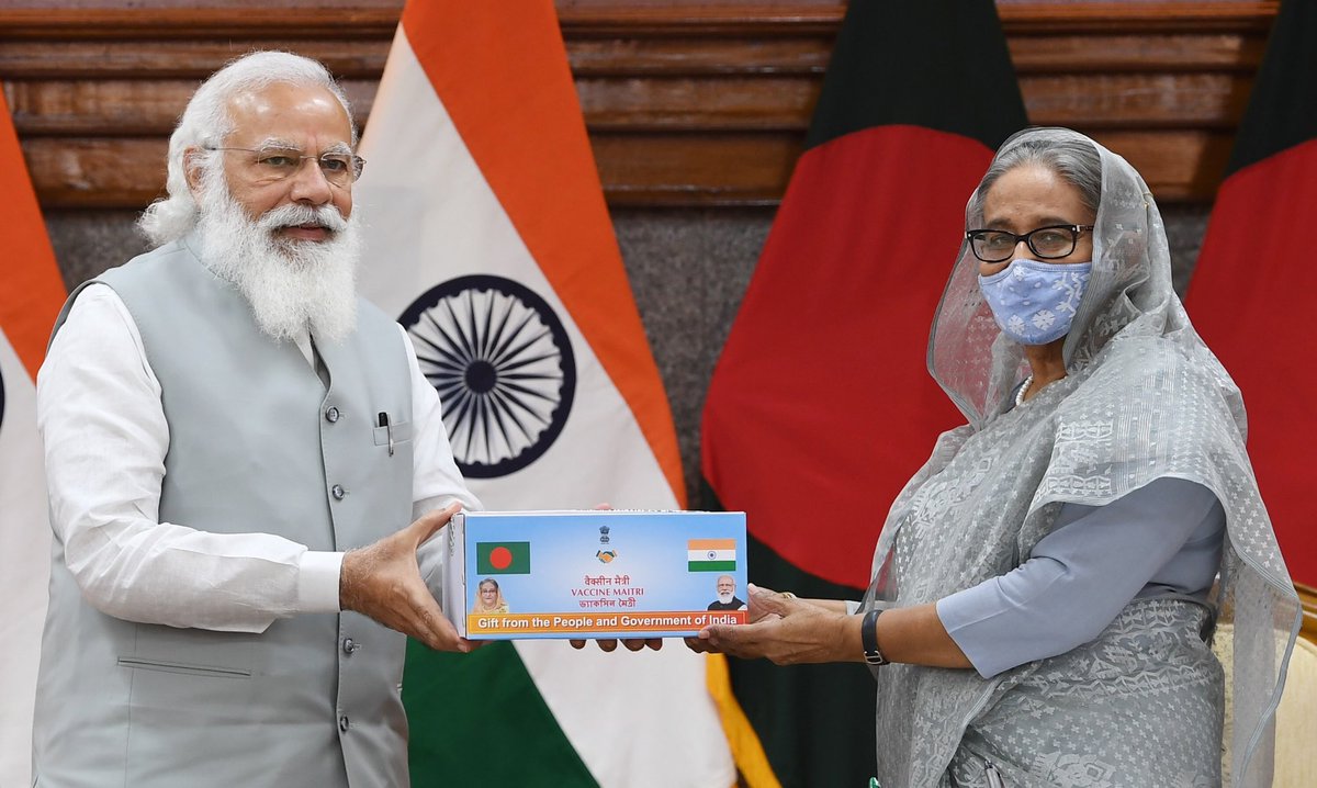 MEAIndia's tweet photo. “#VaccineMaitri” to overcome Covid! 

1.2 million doses of Made in India Covid vaccines as grant from India to Bangladesh were handed over by Prime Minister @narendramodi to Prime Minister Sheikh Hasina. https://t.co/4iGL523pQw