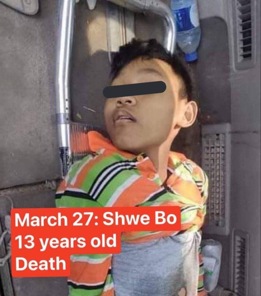 Byun_Berry_Hyun's tweet photo. 13years old boy was killed in ShweBo.
@UNICEF @save_children 

#WhatsHappeningInMyanmar
#CrimesAgainstChildren https://t.co/Gdx6PqYiJZ