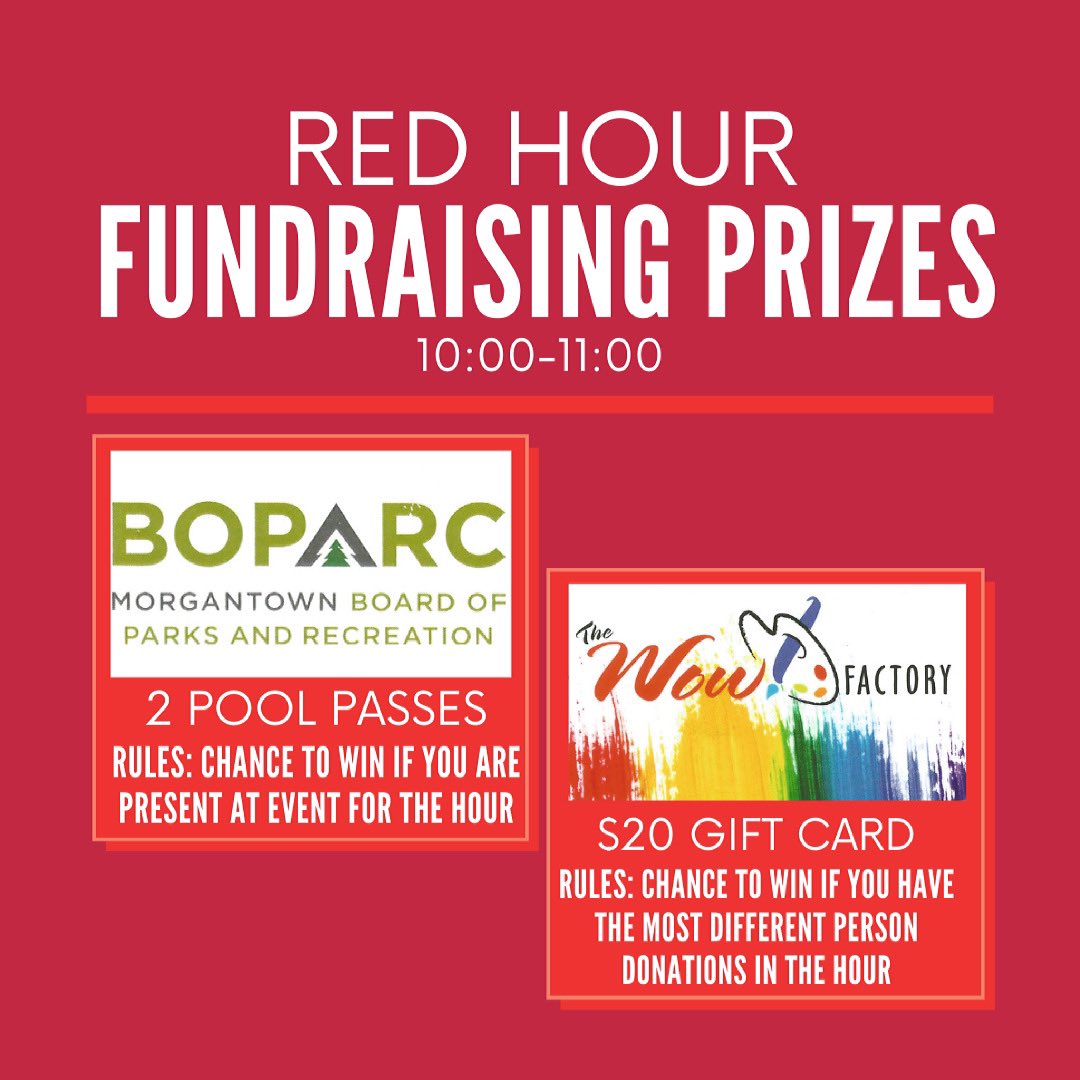 HOUR 1❤️ 
Get ready for our first hour-long incentive challenge! 
2 @morgantown_boparc Pool Passes: Entered to win if you’re present at the event for the hour!
$20 @thewow_factory gift card: Have the most different person donations in the hour!