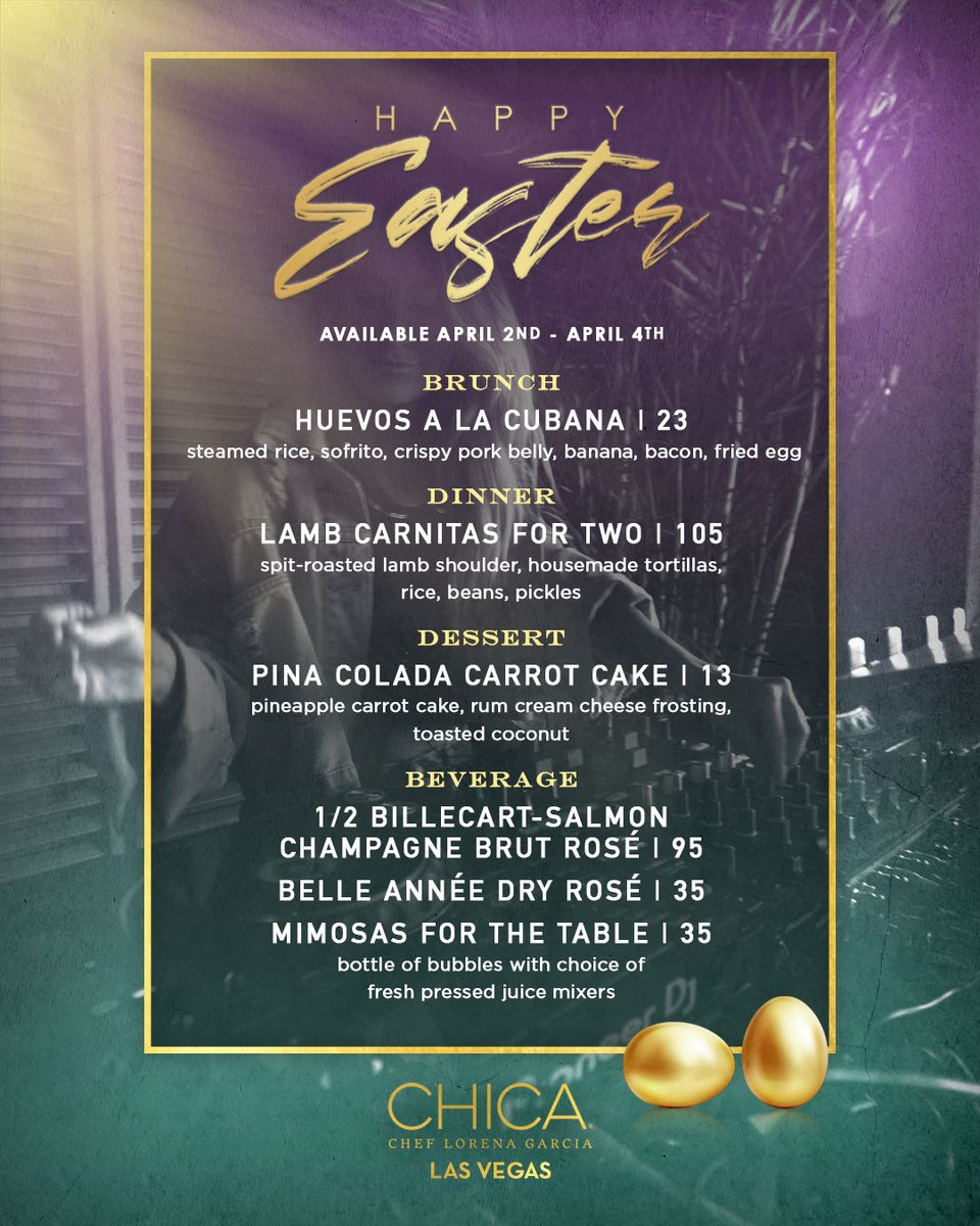 Got plans for #EasterWeekend? Check out our EASTER DINE-IN MENU! 🐰   
 
Make a reservation now on our website. 
 
#CHICAMiami #CHICALasVegas #latinflavors