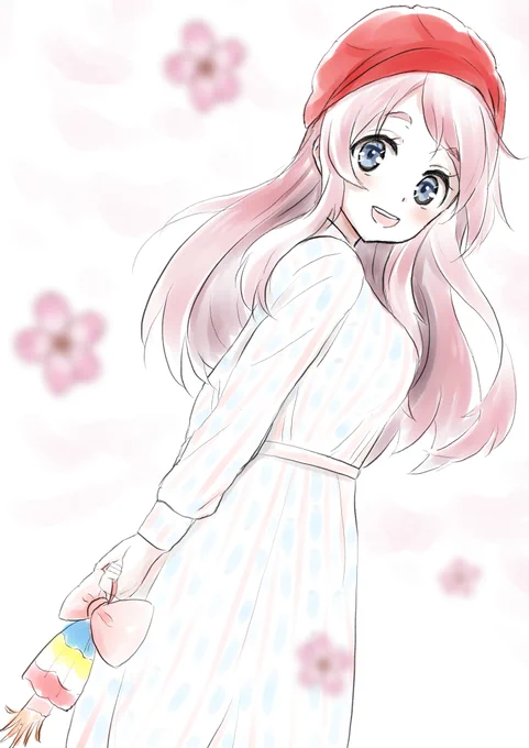 #ゾンサガ版深夜の真剣お絵かき60分一本勝負 #ゾンビランドサガ #源さくらお題:桜さくらちゃんとお花見デート?!ライブのパンフの本渡さんの服を真似てます。でも、あのビックリな布地は再現できないなぁ 