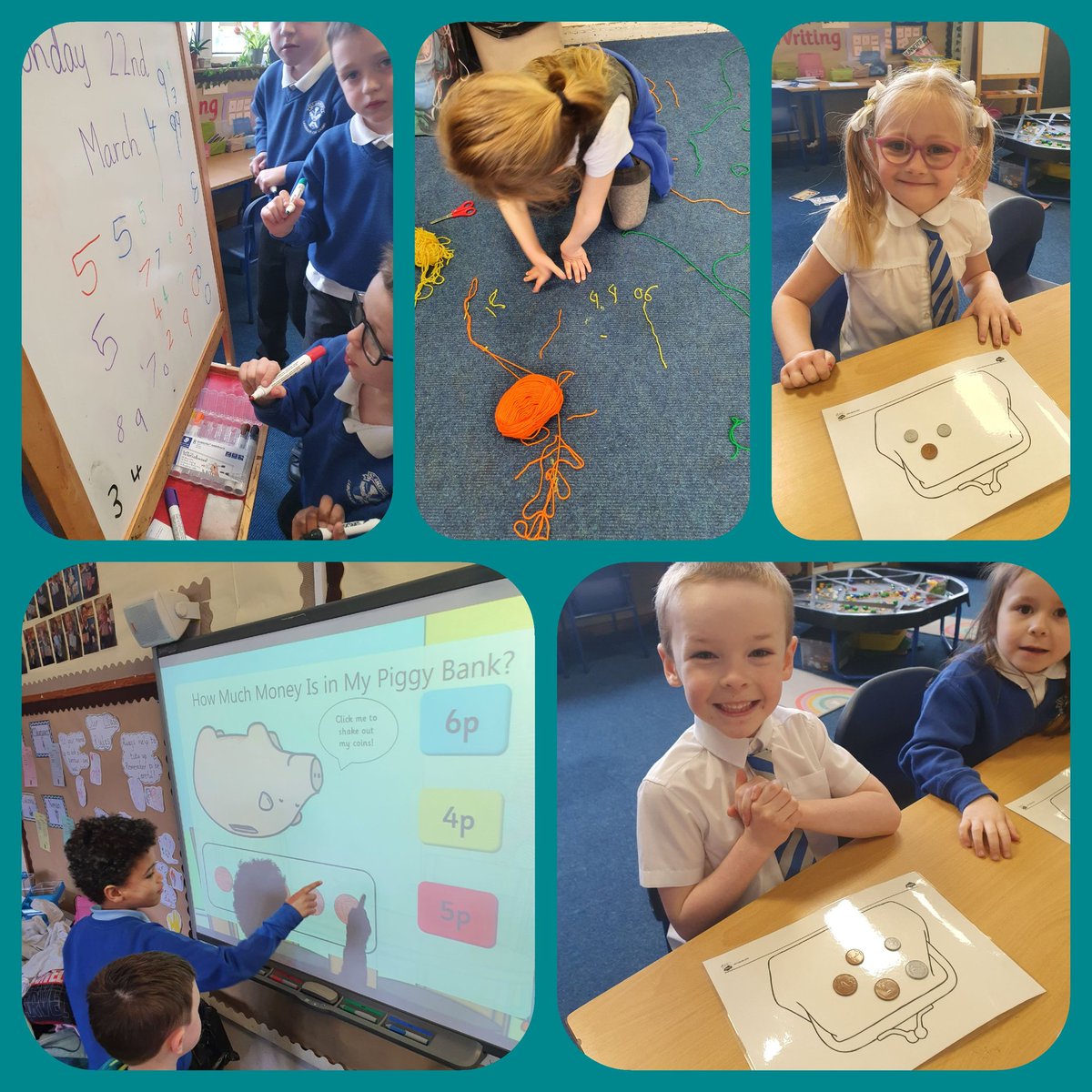 MissKMGrant1's tweet photo. Here is a little snapshot of our numeracy activities this week. We practised counting money and used different coin combinations which added up to the same value. We shared all of the strategies we used in problem solving and enjoyed some #artymaths #numbertalk  #FalkirkSTEMpire https://t.co/Y8B2O0tPDN