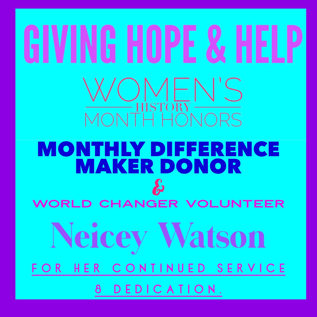 givehopehelp's tweet photo. Women’s History Month Honors!

Today, we honor Giving Hope &amp; Help  Monthly Difference Maker Donor, Neicey Watson, for her continued dedication to move the mission forward by donating MONTHLY for the last 2 years!! 
Congratulations Neicey! We honor &amp; appreciate you! #GiveHopeHelp https://t.co/PgLSHzVczf