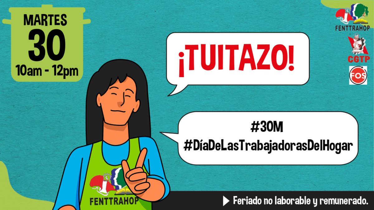 Amelialegria's tweet photo. Hoy #30M se celebra el
#DíaDeLasTrabajadorasDelHogar , y a partir de este año, gracias a la lucha de trabajadoras organizadas, es Feriado No Laborable y Remunerado para todas las #TrabajadorasDelHogar del Perú  🔥💪🏼
➡️ ayuda a difundir. https://t.co/JVCtKc1XoG