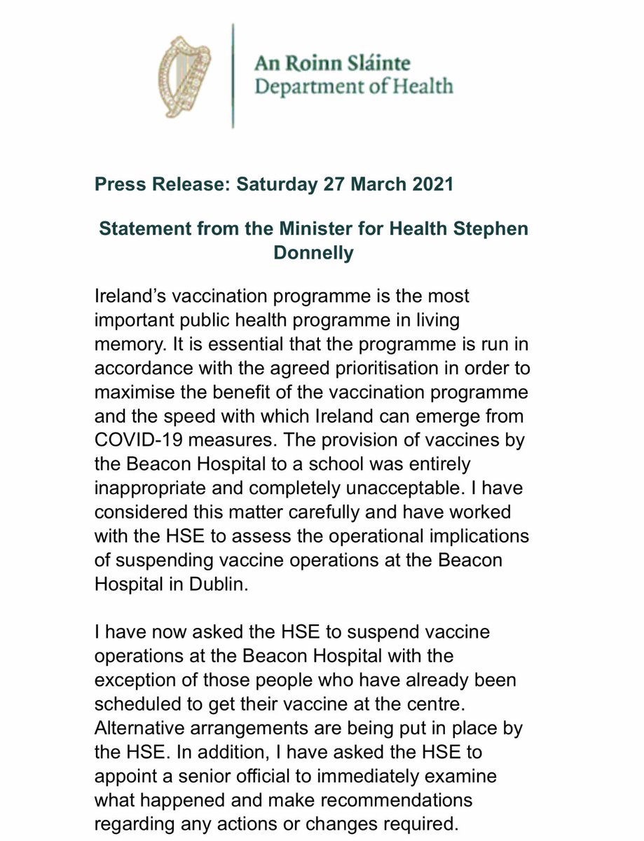 ZaraKing's tweet photo. #BREAKING

Health Minister asks HSE to 

“suspend vaccine operations at the Beacon Hospital with the exception of those people who have already been scheduled to get their vaccine at the centre”

@VirginMediaNews #Covid19Ireland https://t.co/gEi8pB5e2H