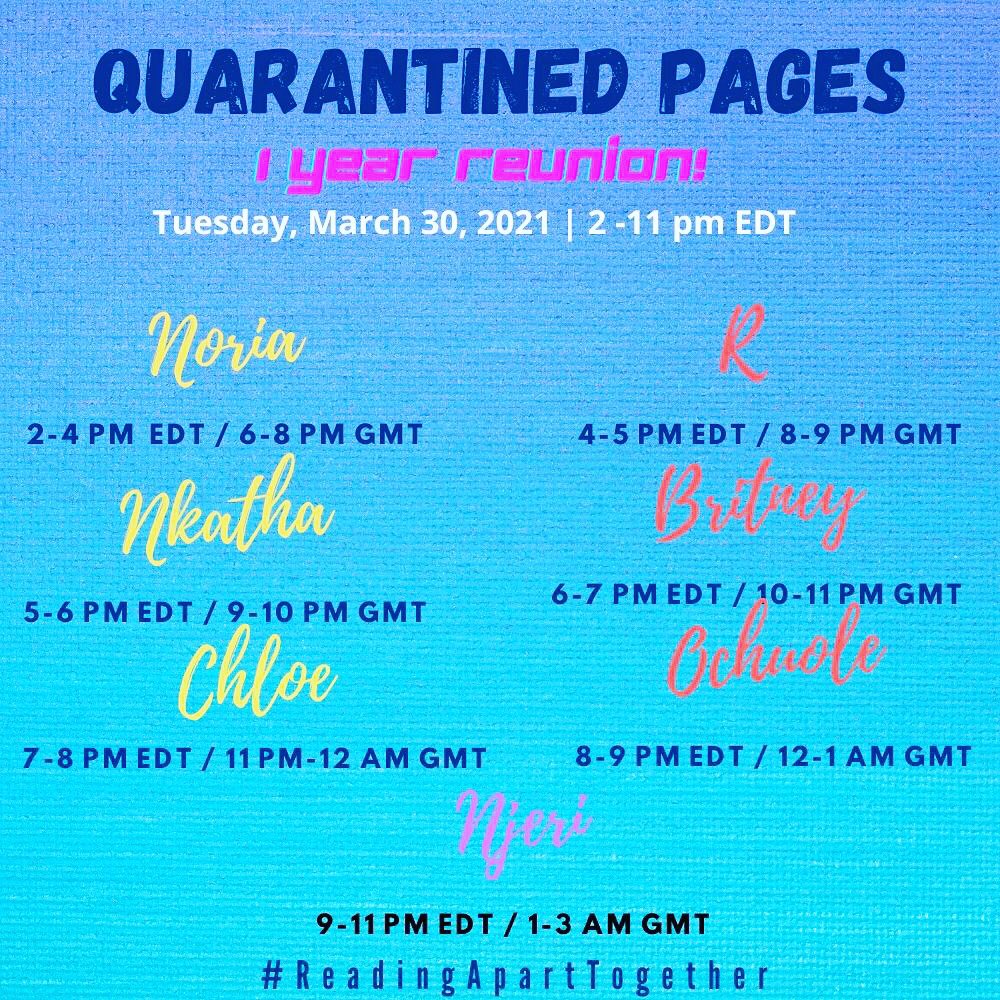 quarantinedpgs's tweet photo. Don’t call it a comeback! Just a reunion! 🎂🎉🥳🎁 Join @noriathereader, @actualgrantaire, @NeelaZoya, @melanineclectic, @ThistleVerse, @Ochuole_Ode, @ndamalicampbell for 10 hours of silent reading! #ReadingApartTogether https://t.co/6mAipRb54P