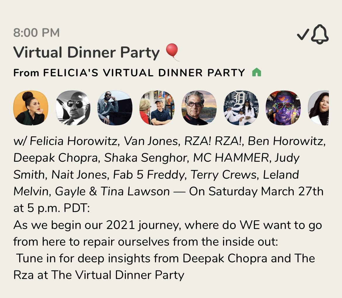 StartupASAP's tweet photo. TODAY!

8PM EST / 5PM PST

Virtual Dinner Party 🎈

w/ a fantastic topic &amp; group!

@FeliciaHorowitz
@DeepakChopra
@RZA
@bhorowitz
@VanJones68
@ShakaSenghor
@MCHammer
@JudySmith_
@NaithanJones
@FABNEWYORK
@terrycrews
@Astro_Flow
@GayleKing
@joinclubhouse

https://t.co/WKQhCoQ5Wt https://t.co/HWOlKYcYWd