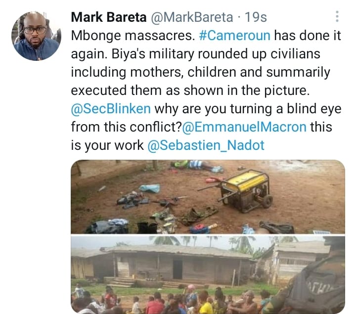 mokom (@franjoe51) on Twitter photo #Alert, #FrenchCamerounArmy killed more than 40 civilians,kids in #Foe-Bakundu & #Bekorra-EKondo Titi on 16 & 26-03.21 #Extermination,#Genocide going in #SouthernCameroons/#Ambazonia
<a href="/UN/">United Nations</a>
<a href="/FCDOGovUK/">Foreign, Commonwealth & Development Office</a>
<a href="/ABlinken/">Antony Blinken</a>
<a href="/Pontifex/">Pope Leo XIV</a>
<a href="/realAmadioha/">#OpCameroon - #FreeSouthernCameroons ๐๐</a>
<a href="/NuriaLlibertat2/">Nรบria</a>
<a href="/NewspostTv/">#NewsPostAfricaTV</a>
<a href="/NALOWA1/">Nalowa Bih Official</a>
@NzajeP #Alert, #FrenchCamerounArmy killed more than 40 civilians,kids in #Foe-Bakundu & #Bekorra-EKondo Titi on 16 & 26-03.21 #Extermination,#Genocide going in #SouthernCameroons/#Ambazonia
<a href="/UN/">United Nations</a>
<a href="/FCDOGovUK/">Foreign, Commonwealth & Development Office</a>
<a href="/ABlinken/">Antony Blinken</a>
<a href="/Pontifex/">Pope Leo XIV</a>
<a href="/realAmadioha/">#OpCameroon - #FreeSouthernCameroons ๐๐</a>
<a href="/NuriaLlibertat2/">Nรบria</a>
<a href="/NewspostTv/">#NewsPostAfricaTV</a>
<a href="/NALOWA1/">Nalowa Bih Official</a>
@NzajeP