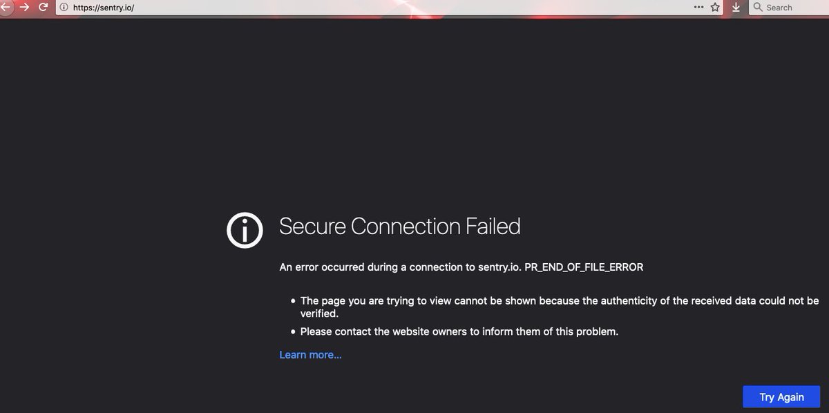 Life_And_Dev's tweet photo. @getsentry getting "Secure Connected Failed" in FF
> An error occurred during a connection to https://t.co/yBXM6TW7YQ. PR_END_OF_FILE_ERROR

Pressing F5 a few times makes it work, then it breaks again after some reloads. https://t.co/3ZKRYHwolI