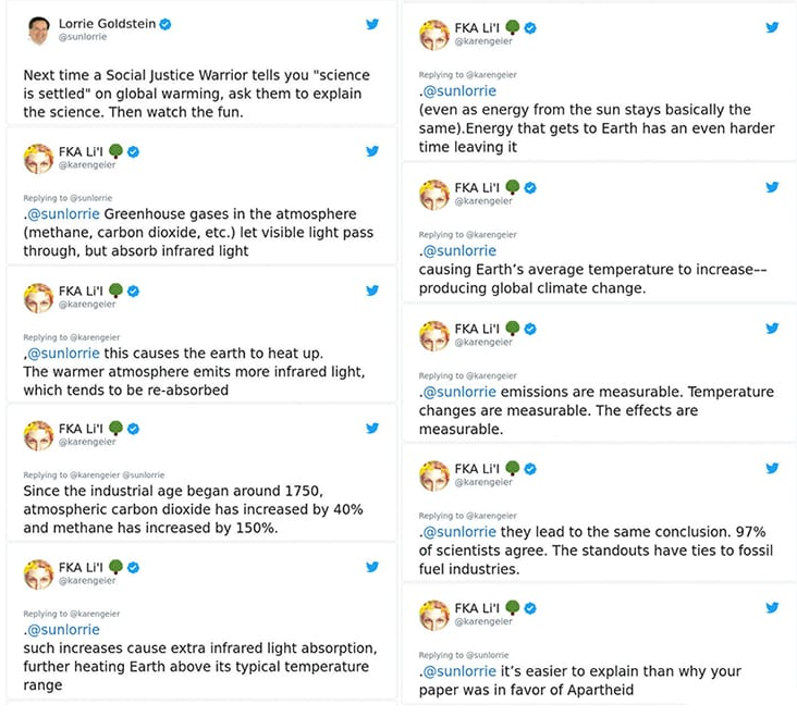 Tsiehta's tweet photo. A classic, one of the many times that @sunlorrie got owned. (Click on the image to read the full exchange)🤣
#HeadUpAss #ClimateActionNow https://t.co/ZexgGzWi1C