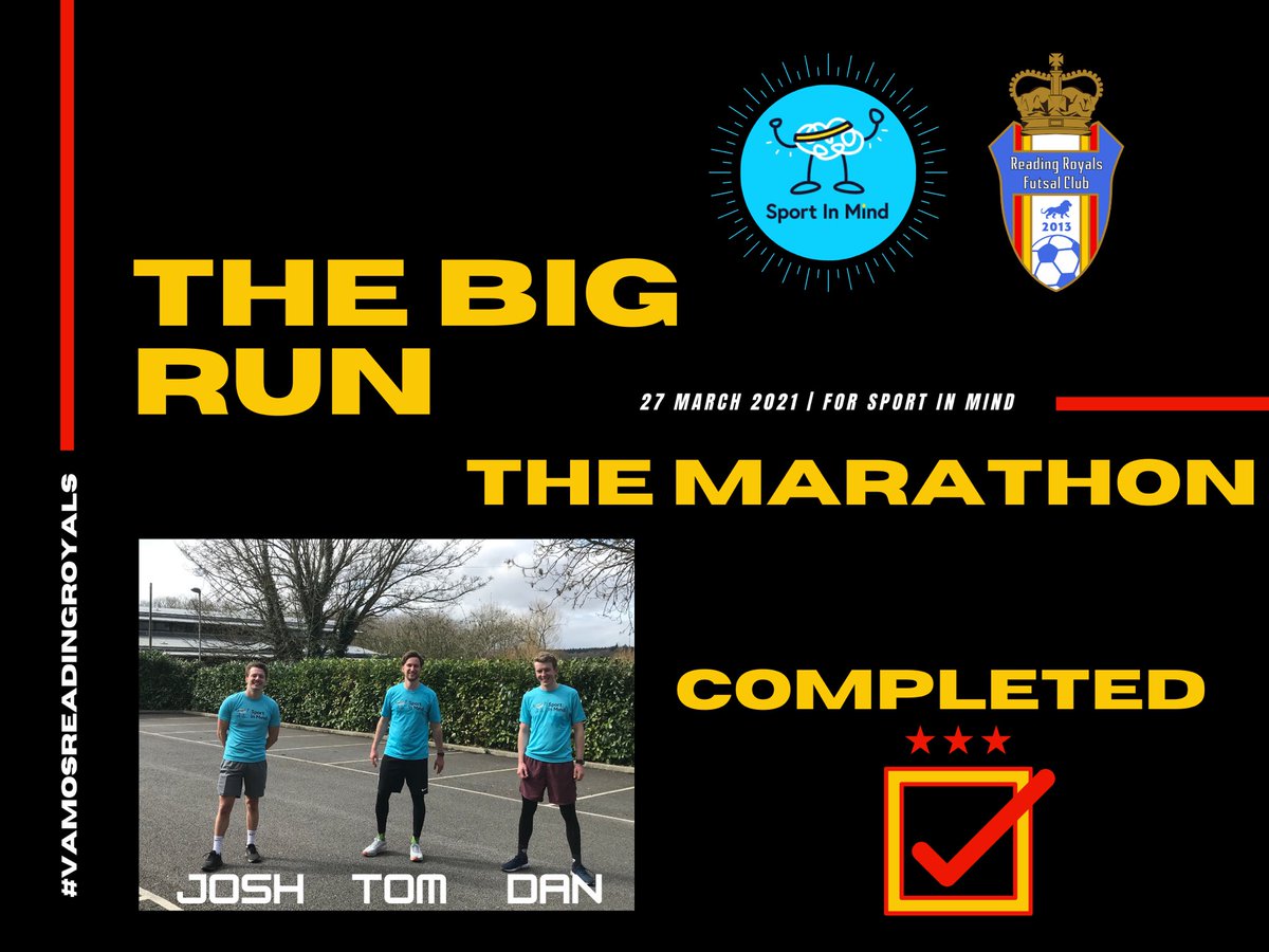 MUFC_Futsal's tweet photo. The BIG run | Completed ✅ 

This morning @Tom_Johnson12 @Dan_a_welch &amp; @JoshGillespie94 all completed a marathon as part of our fundraiser for @sportinmind 

If you would like to donate to our fundraiser please follow the link https://t.co/mx2unQHVsN

#ThreePlayersOneChallenge https://t.co/DAfl4MMWIX