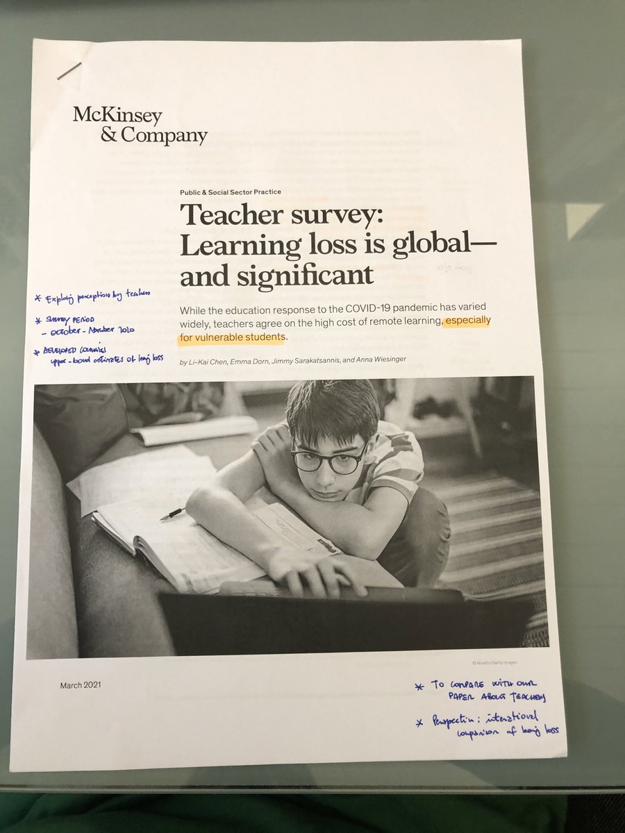 Interesting <a href="/McKinsey/">McKinsey & Company</a> report on #learningloss (as perceived by teachers) in a comparative perspective. Time to act now! Tutoring, extra-schooling, teachers’ quality. And awareness of the problem as a priority