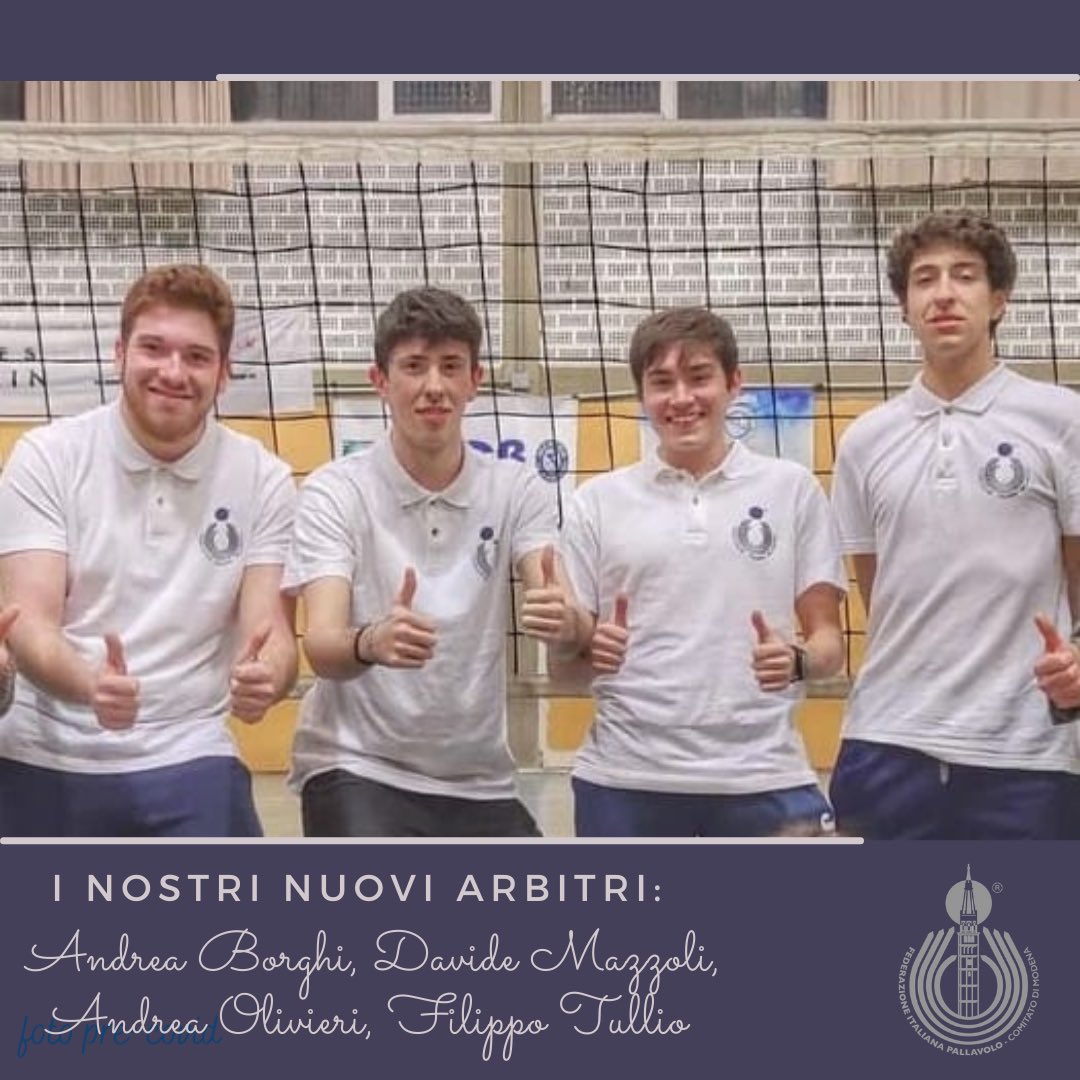 ModenaFIPAV's tweet photo. Andrea Borghi, Davide Mazzoli, Andrea Olivieri, Filippo Tullio hanno superato l'esame per il passaggio da associato ad arbitro indoor!
Un enorme grazie alla società Maritain per il supporto ai propri atleti!
#midivertoseriamente #tuttiincampo
@GruppoBPER_PR 
#AvisModena #Modena18 https://t.co/F8FinaPMZN